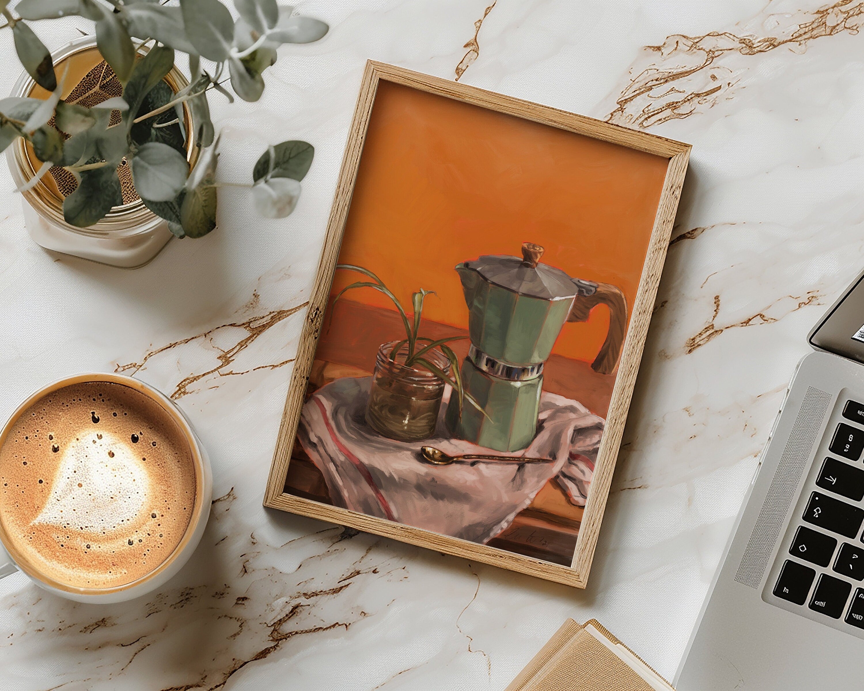 Moka Pot Art Print Beside a Cappucino