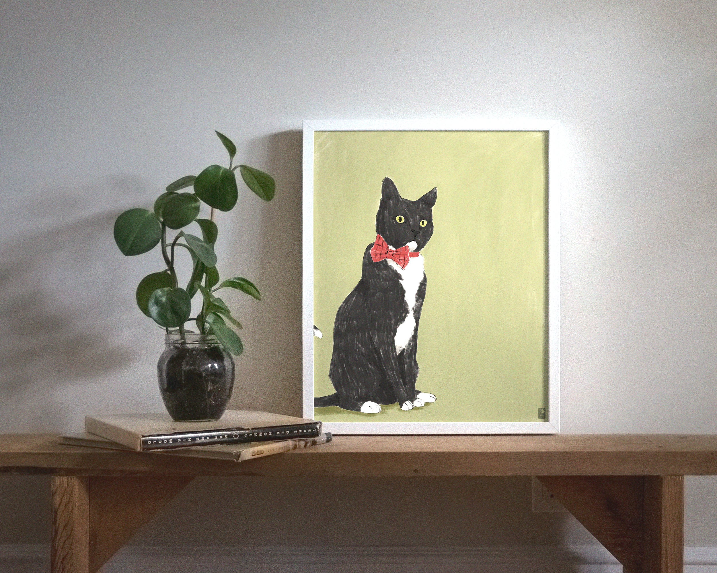 "Rufio Sitting" by Catherine Hébert - Black Tuxedo Cat Art Print