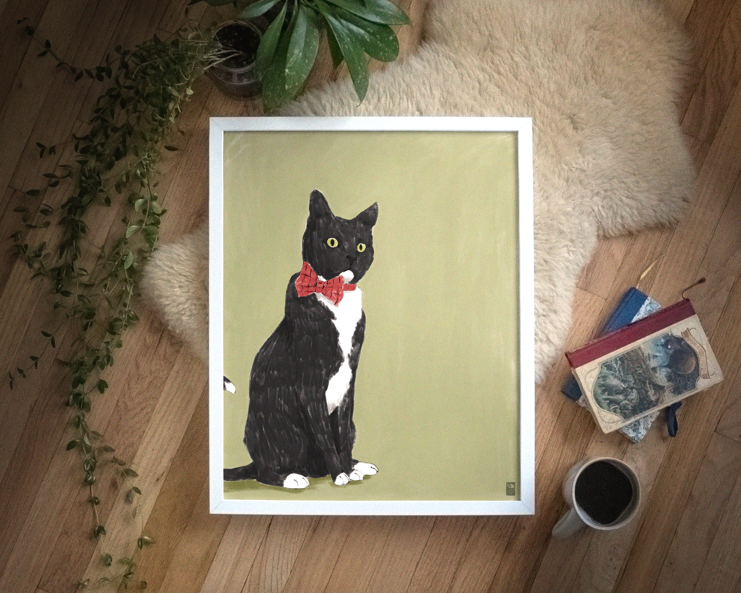 "Rufio Sitting" by Catherine Hébert - Black Tuxedo Cat Art Print
