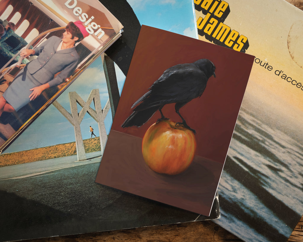 "Crownelius Crowmwell" by Catherine Hébert - Black Crow on Apple - Blank 5"x7" Greeting Card