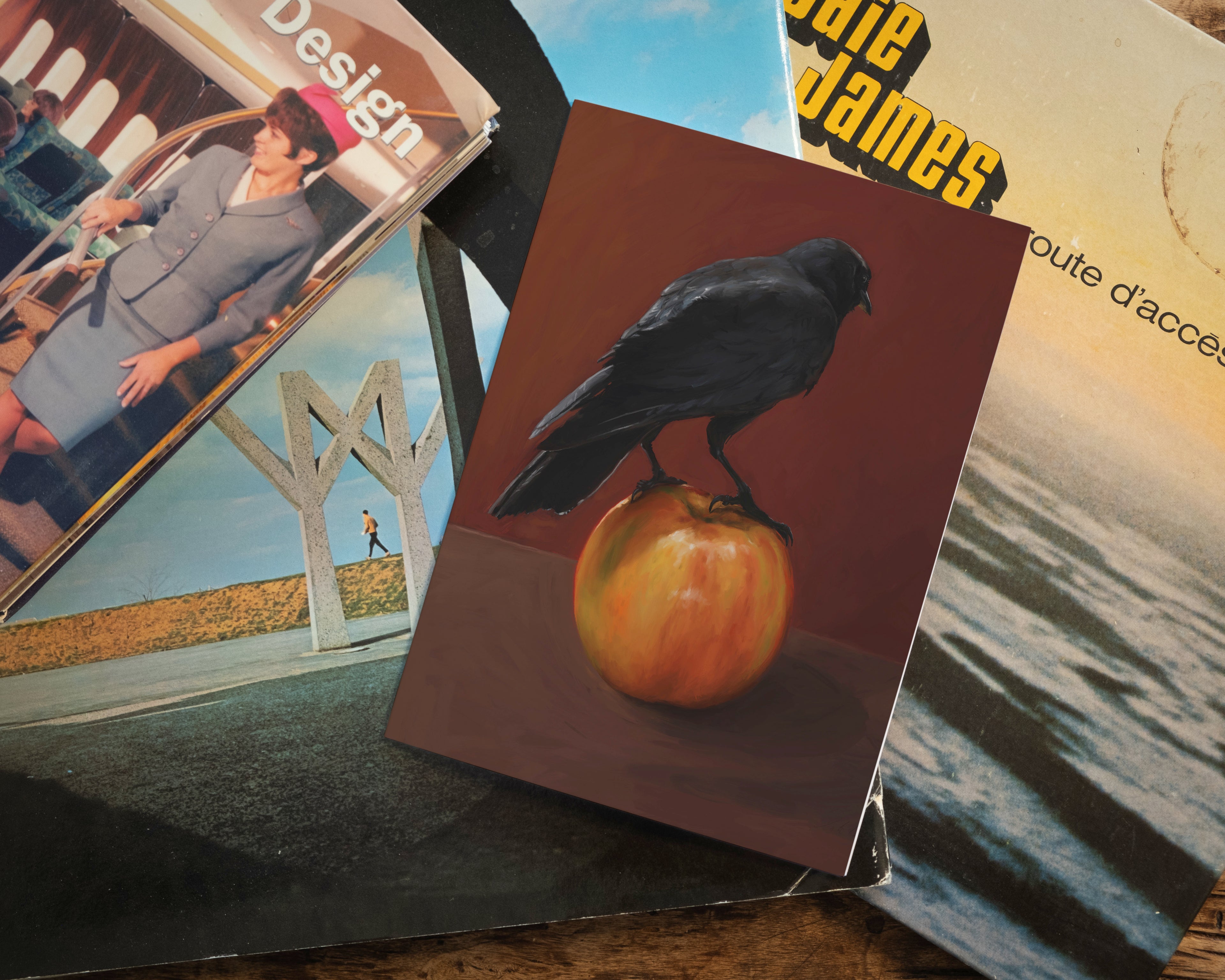 "Crownelius Crowmwell" by Catherine Hébert - Black Crow on Apple - Blank 5"x7" Greeting Card – Blank 5x7 Greeting Card – Gift for Crow Lover