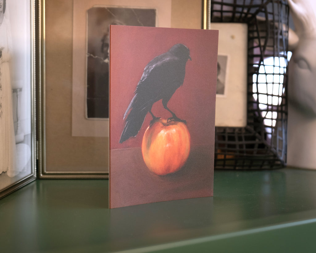 "Crownelius Crowmwell" by Catherine Hébert - Black Crow on Apple - Blank 5"x7" Greeting Card