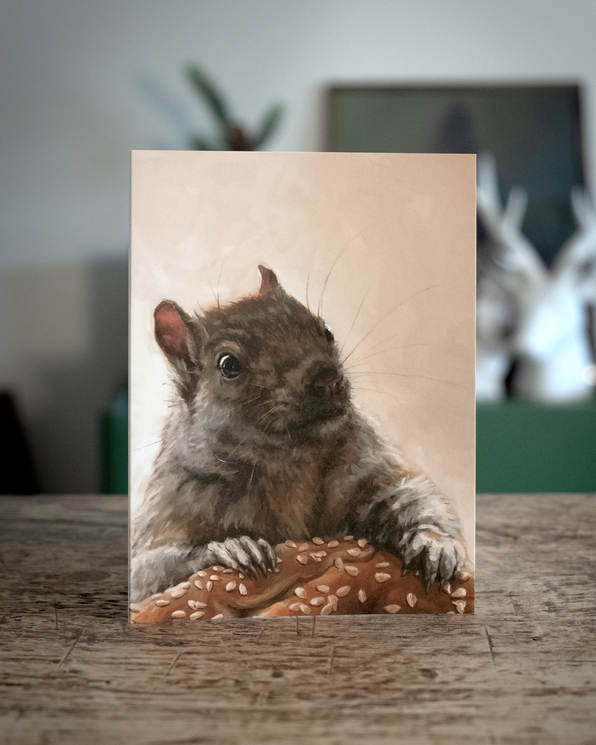 "Brigette With A Bagel" by Catherine Hébert - Grey Squirrel with a Bagel - Blank 5"x7" Greeting Card
