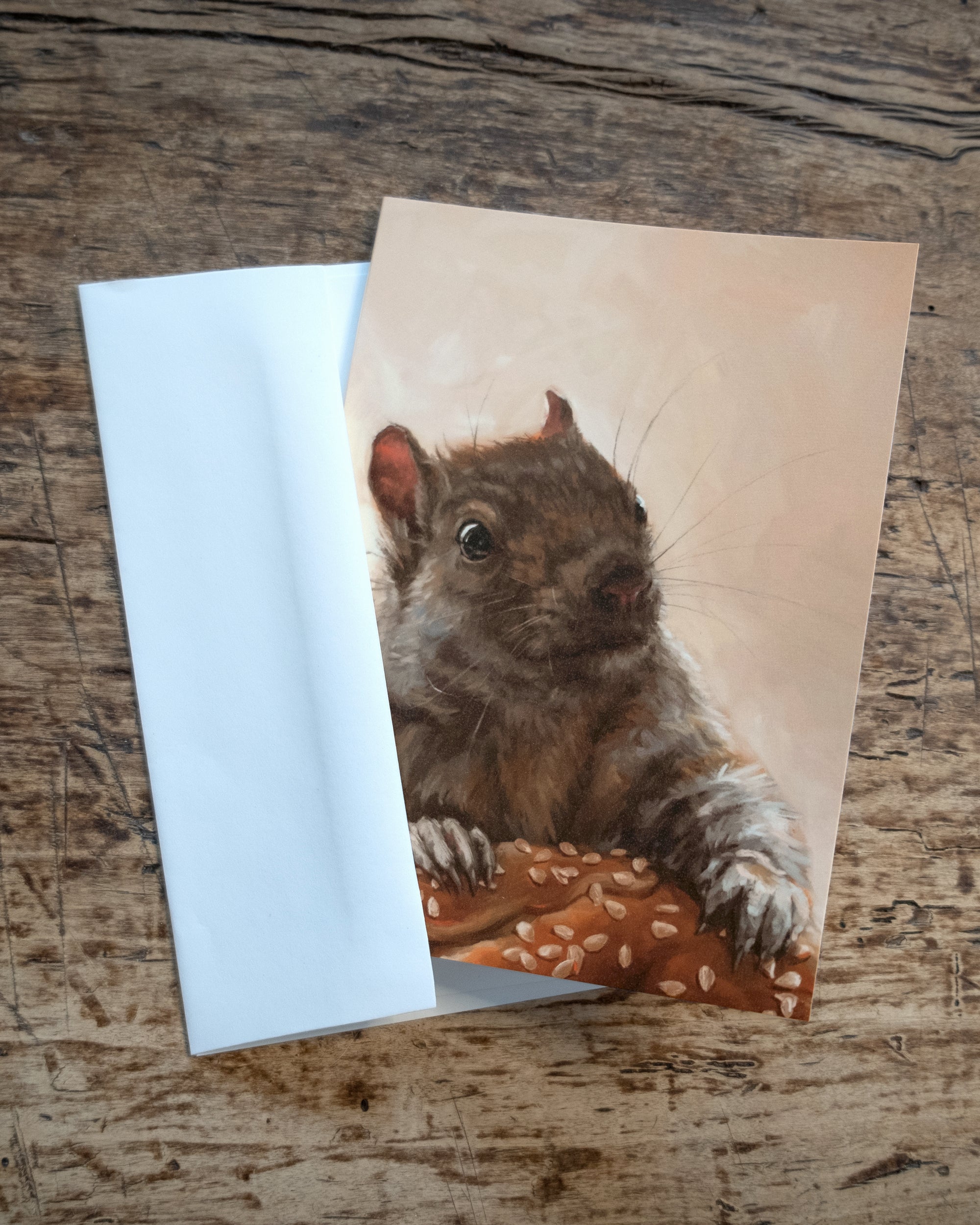 "Brigette With A Bagel" by Catherine Hébert - Grey Squirrel with a Bagel - Blank 5"x7" Greeting Card