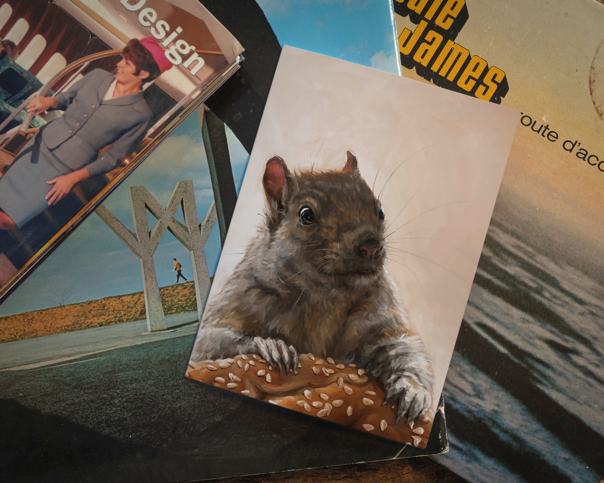 "Brigette With A Bagel" by Catherine Hébert - Grey Squirrel with a Bagel - Blank 5"x7" Greeting Card