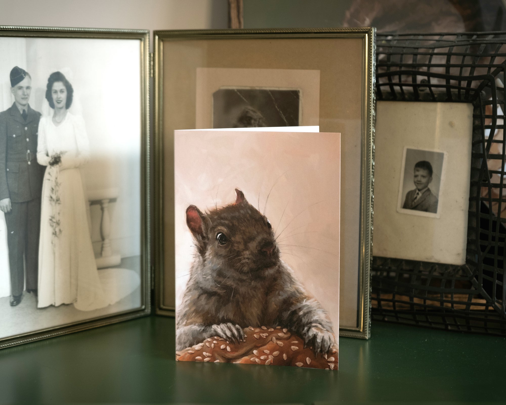 "Brigette With A Bagel" by Catherine Hébert - Grey Squirrel with a Bagel - Blank 5"x7" Greeting Card