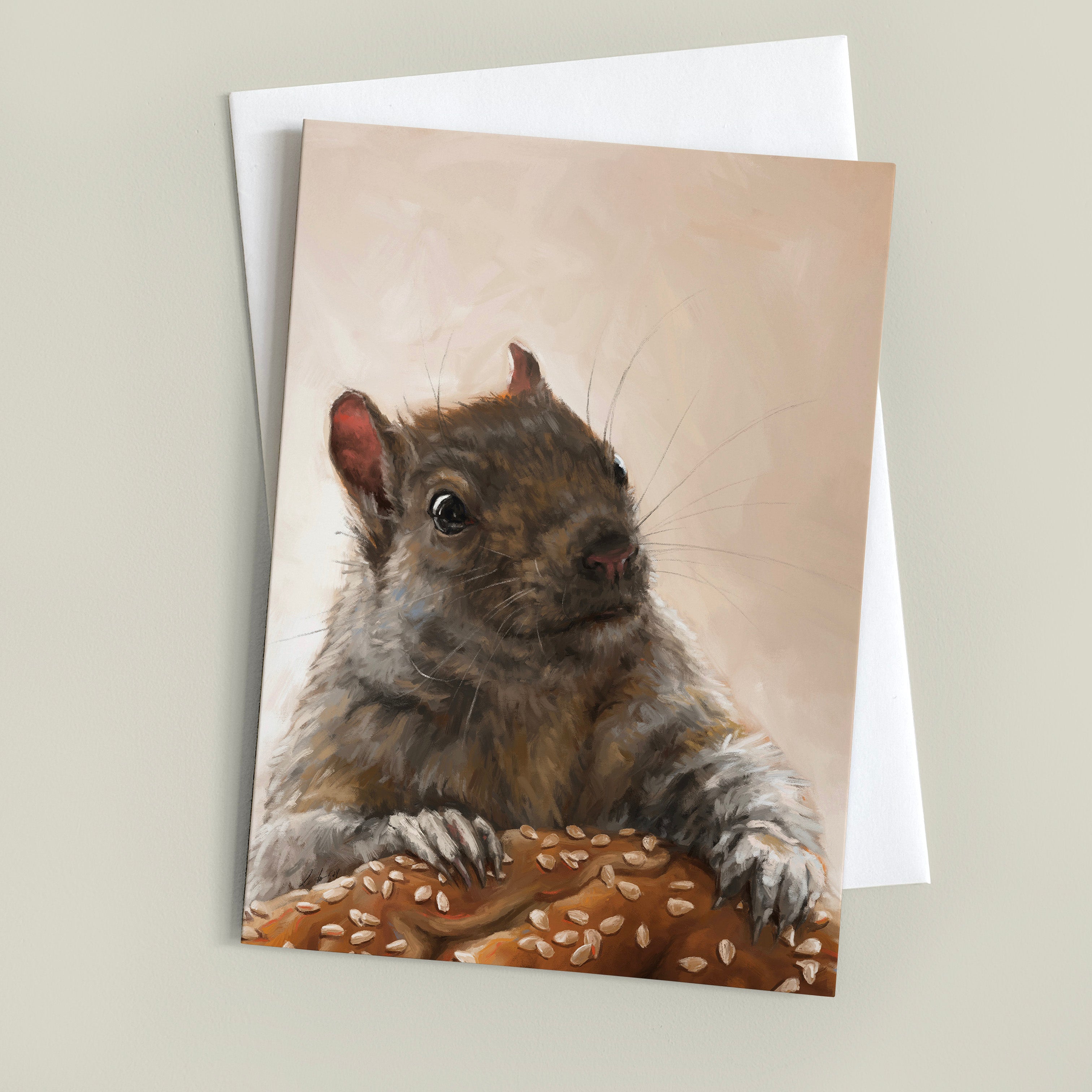 "Brigette With A Bagel Greeting Card" by Catherine Hébert - Grey Squirrel with a Bagel Greeting Card