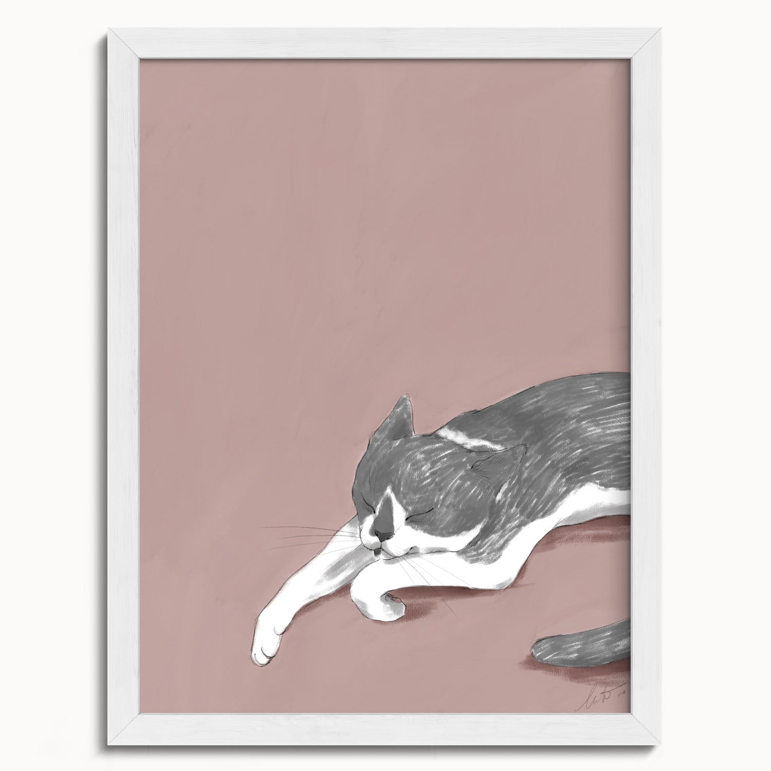 "Woodhouse Napping" by Catherine Hébert - Grey Tuxedo Cat Fine Art Print - 12"x16" size