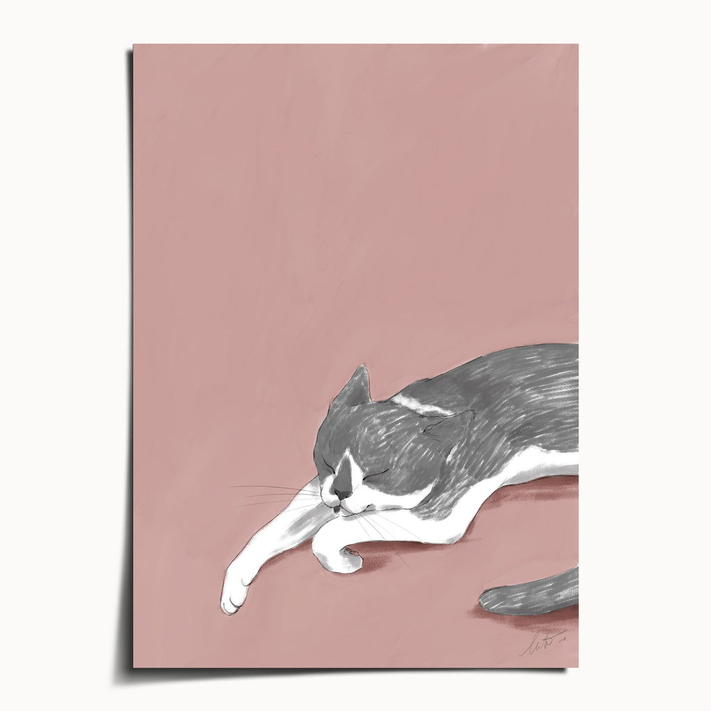 "Woodhouse Napping" by Catherine Hébert - Sleeping Grey Tuxedo Cat Art Print - 5"x7" size