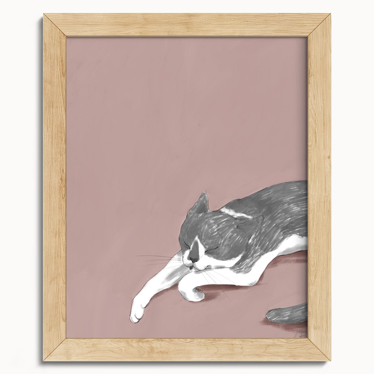 "Woodhouse Napping" by Catherine Hébert - Grey Tuxedo Cat Fine Art Print - 8"x10" size