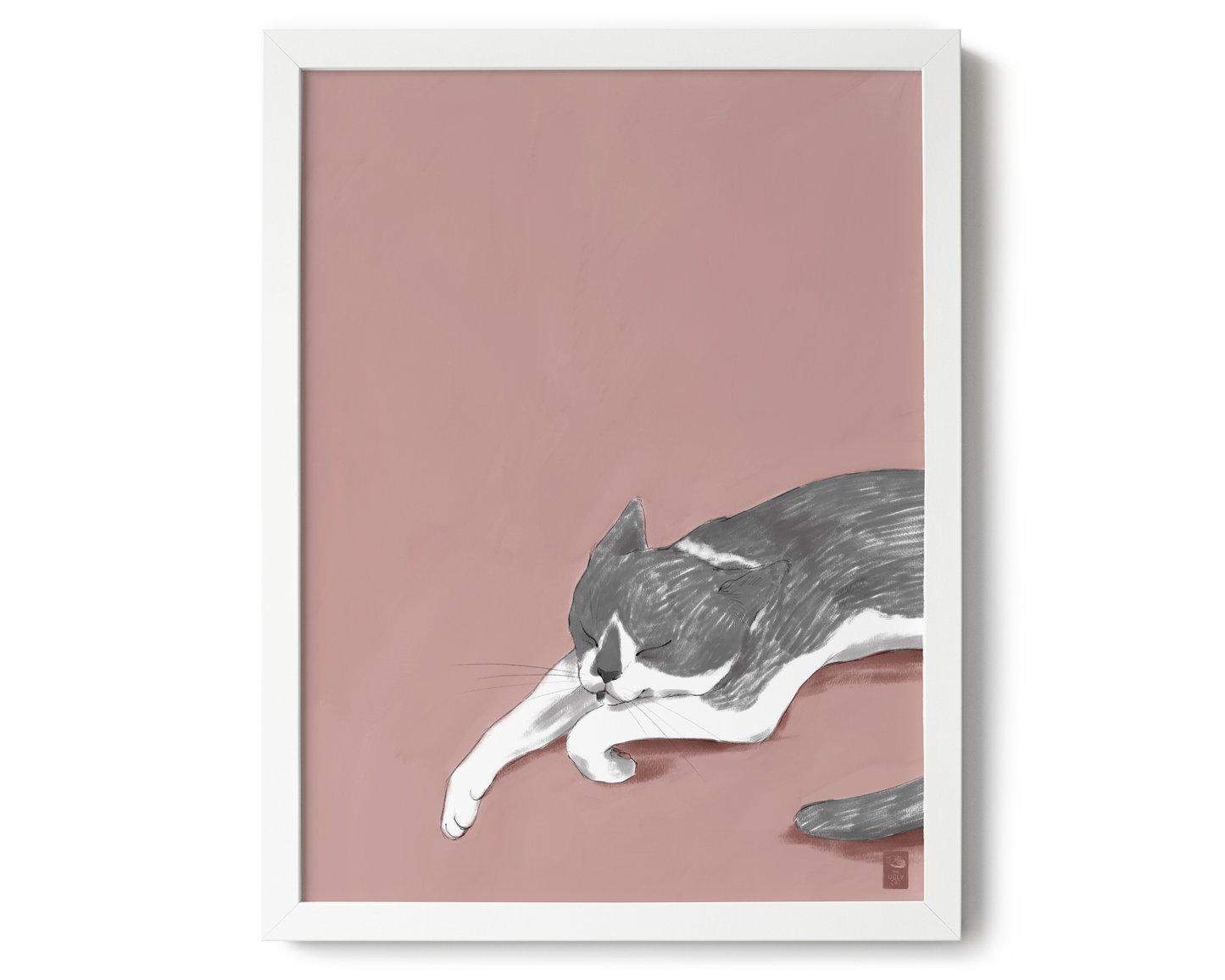 "Woodhouse Napping" by Catherine Hébert - Grey Tuxedo Cat Giclee Art Print - 12"x16" size