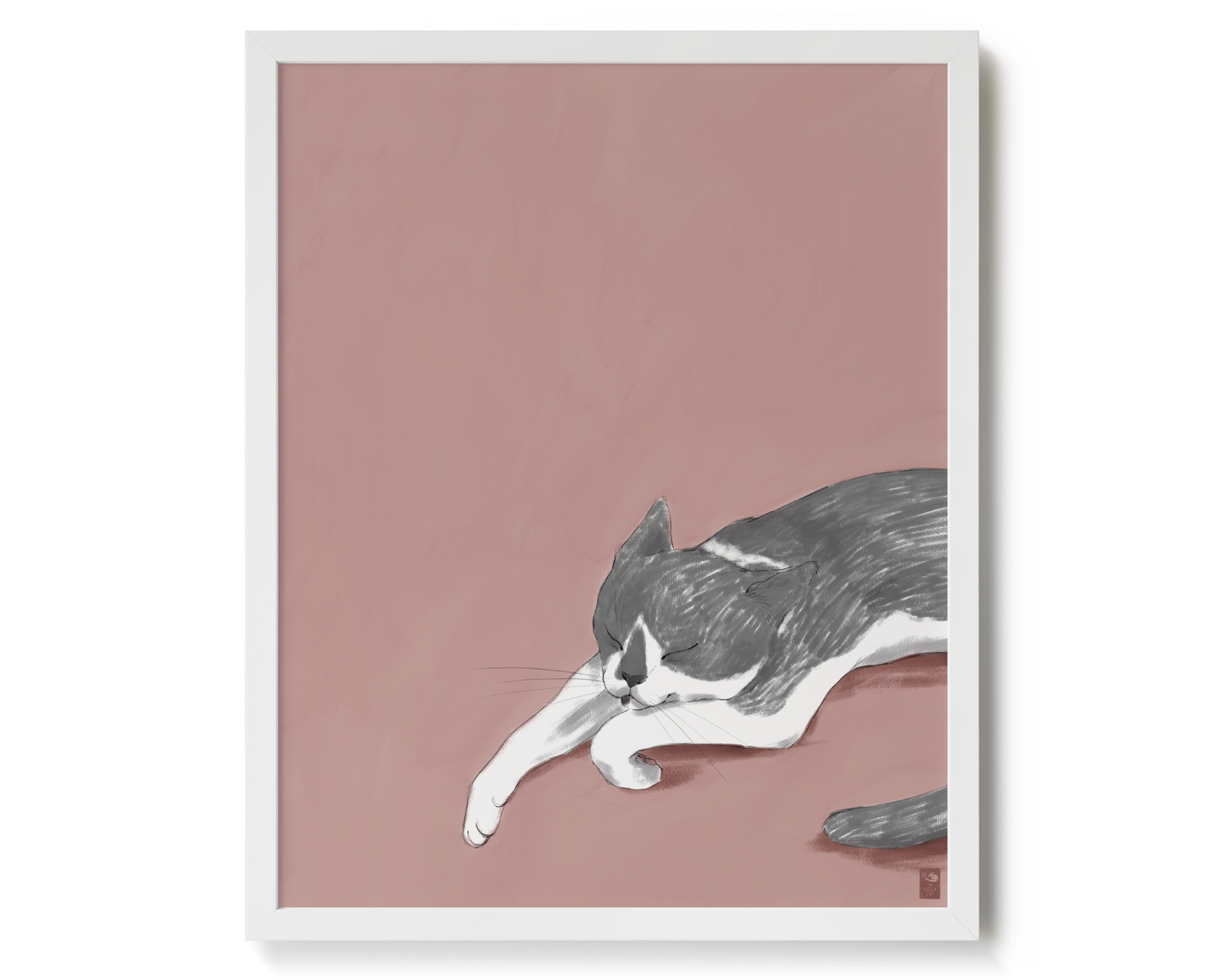 "Woodhouse Napping" by Catherine Hébert - Grey Tuxedo Cat Giclee Art Print - 16"x20" size