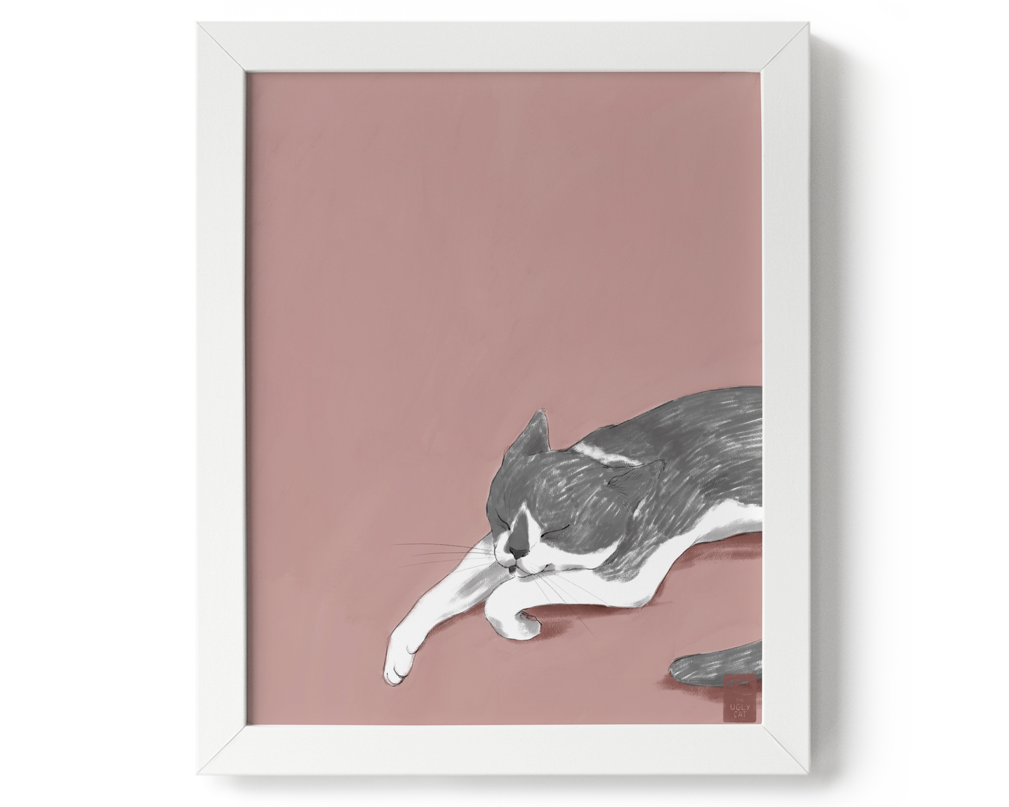 "Woodhouse Napping" by Catherine Hébert - Grey Tuxedo Cat Giclee Art Print - 8"x10" size