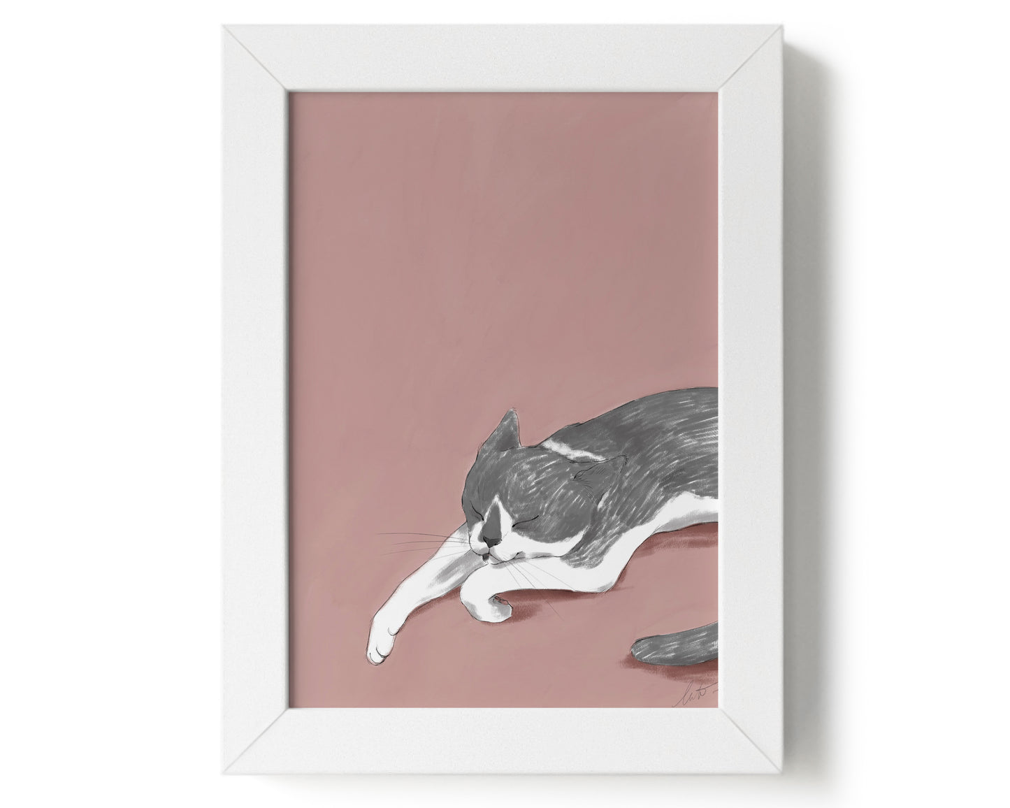 "Woodhouse Napping" by Catherine Hébert - Grey Tuxedo Cat Giclee Art Print - 5"x7" size