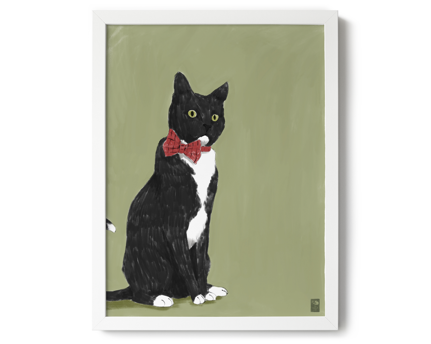 "Rufio Sitting" by Catherine Hébert - Black Tuxedo Cat Giclee Art Print - 12"x16" size