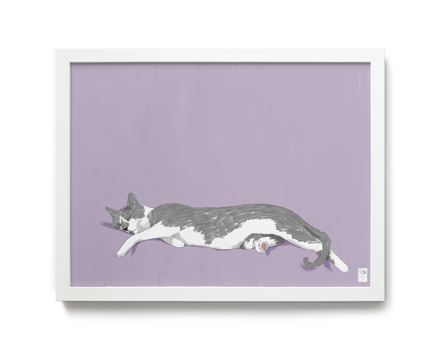 "Woodhouse Stretching" by Catherine Hébert - Grey Tuxedo Cat Giclee Art Print - 12"x16" size