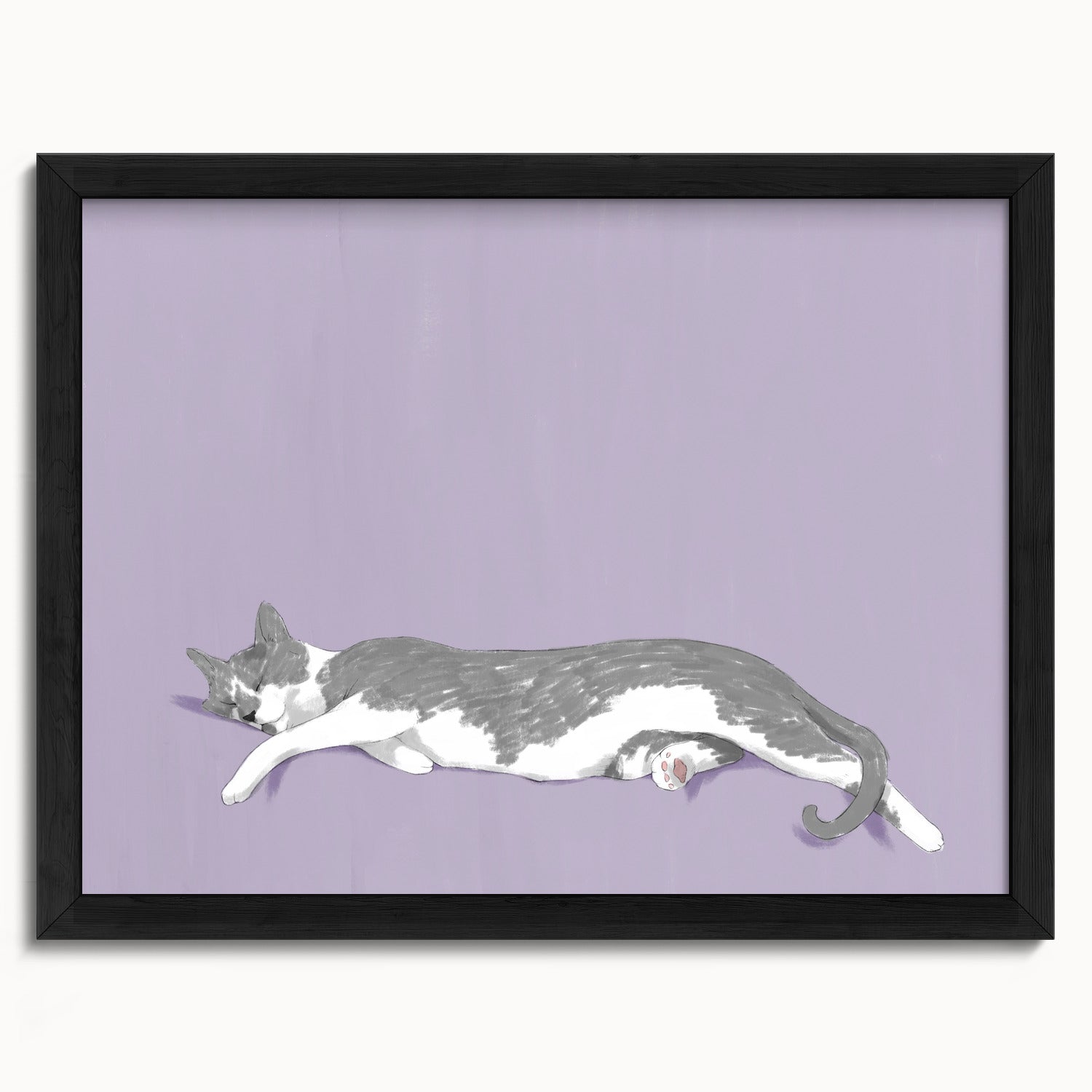 "Woodhouse Stretching" by Catherine Hébert - Grey Tuxedo Cat Fine Art Print - 12"x16" size