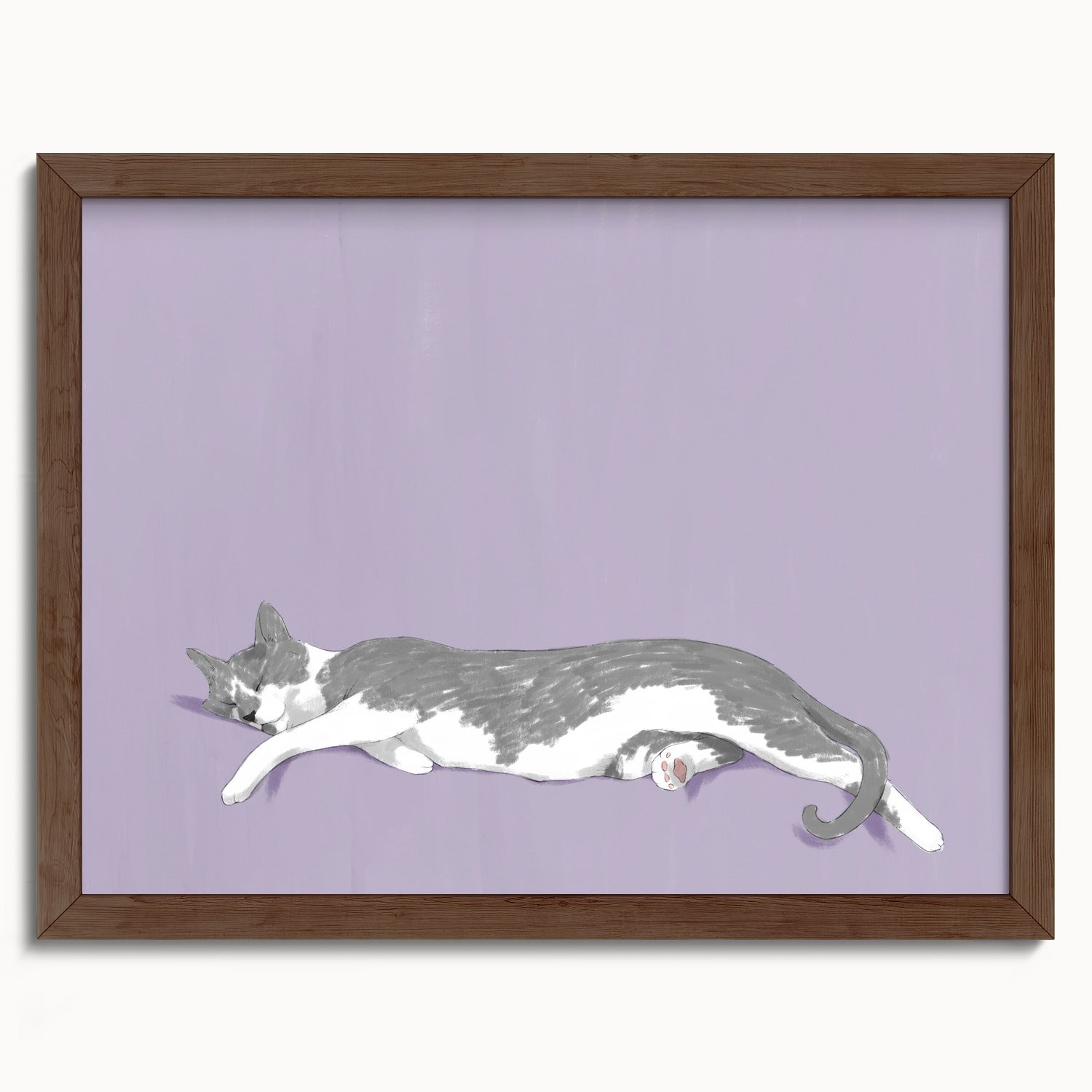 "Woodhouse Stretching" by Catherine Hébert - Grey Tuxedo Cat Fine Art Print - 12"x16" size