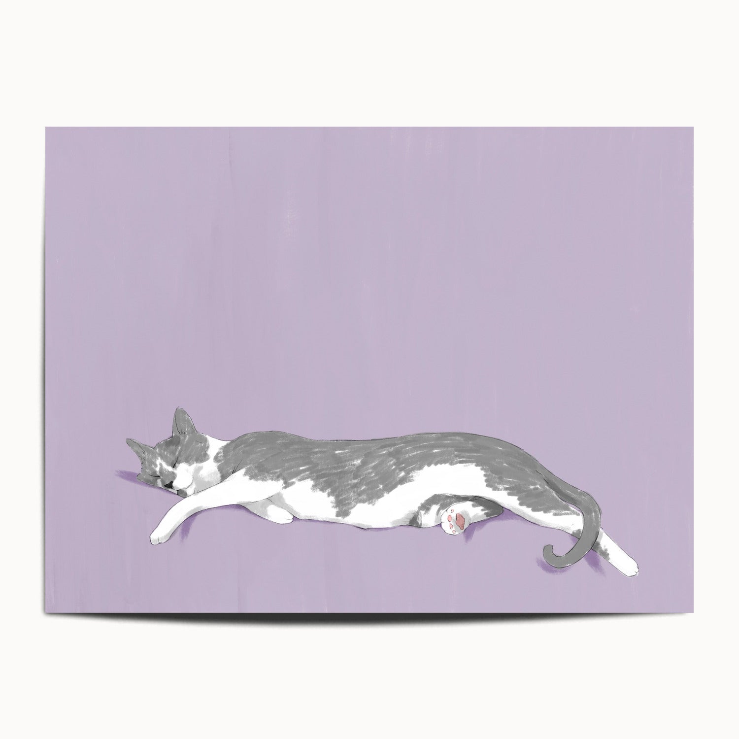 "Woodhouse Stretching" by Catherine Hébert - Grey Tuxedo Cat Fine Art Print - 12"x16" size
