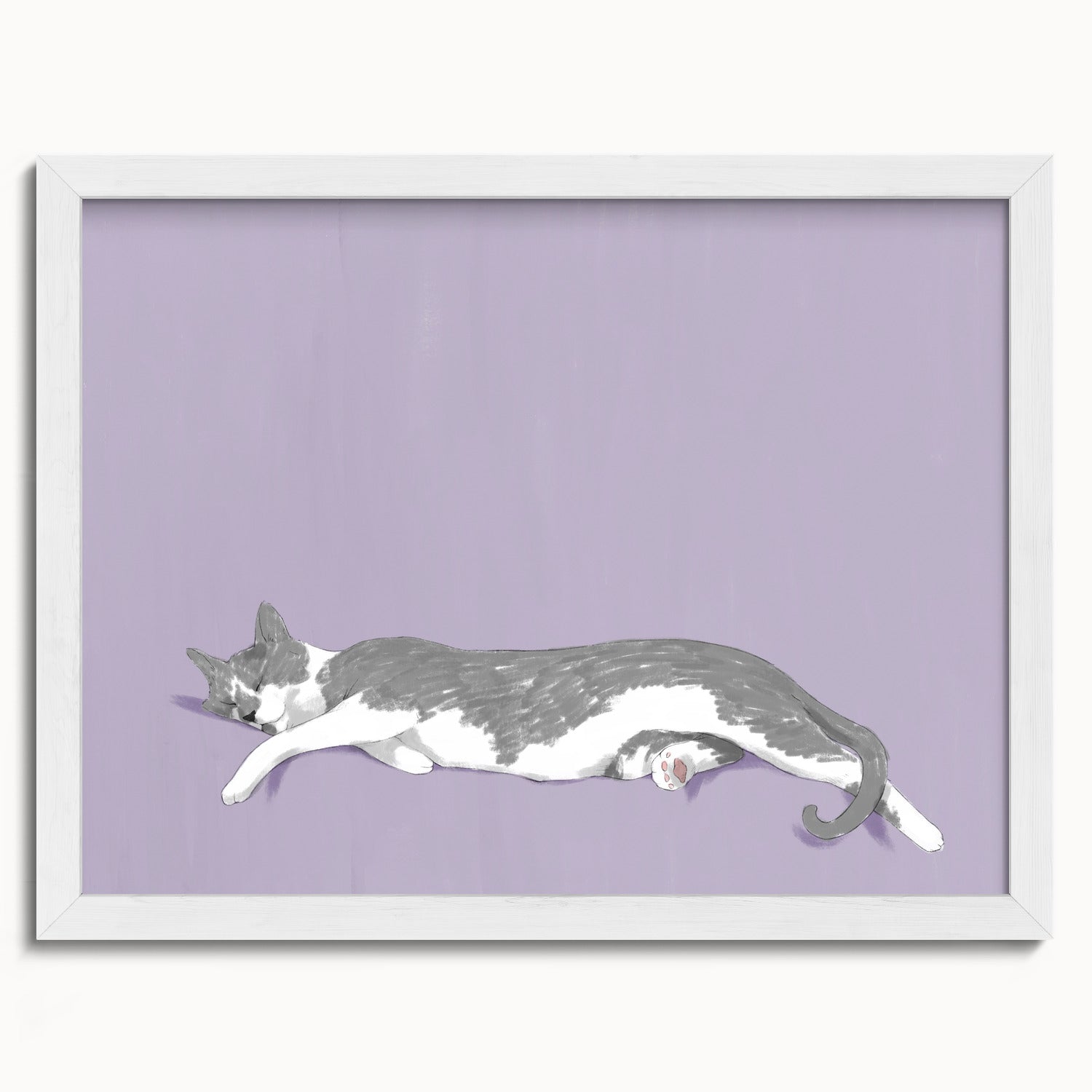 "Woodhouse Stretching" by Catherine Hébert - Grey Tuxedo Cat Fine Art Print - 12"x16" size