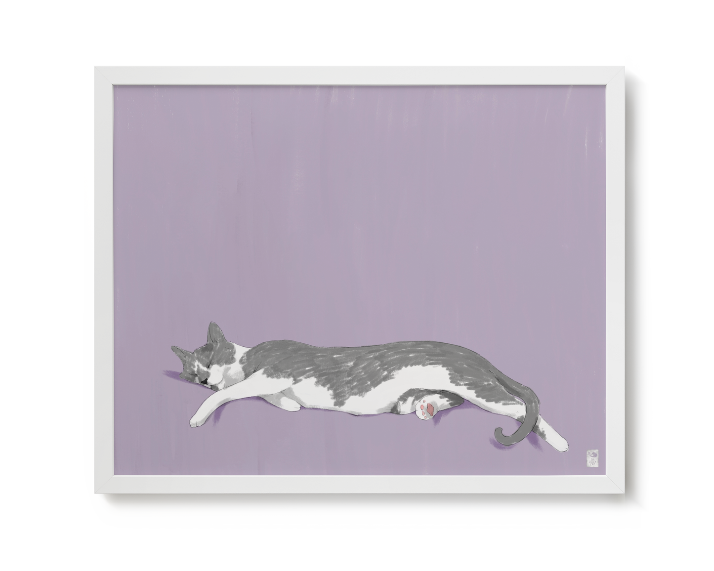 "Woodhouse Stretching" by Catherine Hébert - Grey Tuxedo Cat Giclee Art Print - 16"x20" size