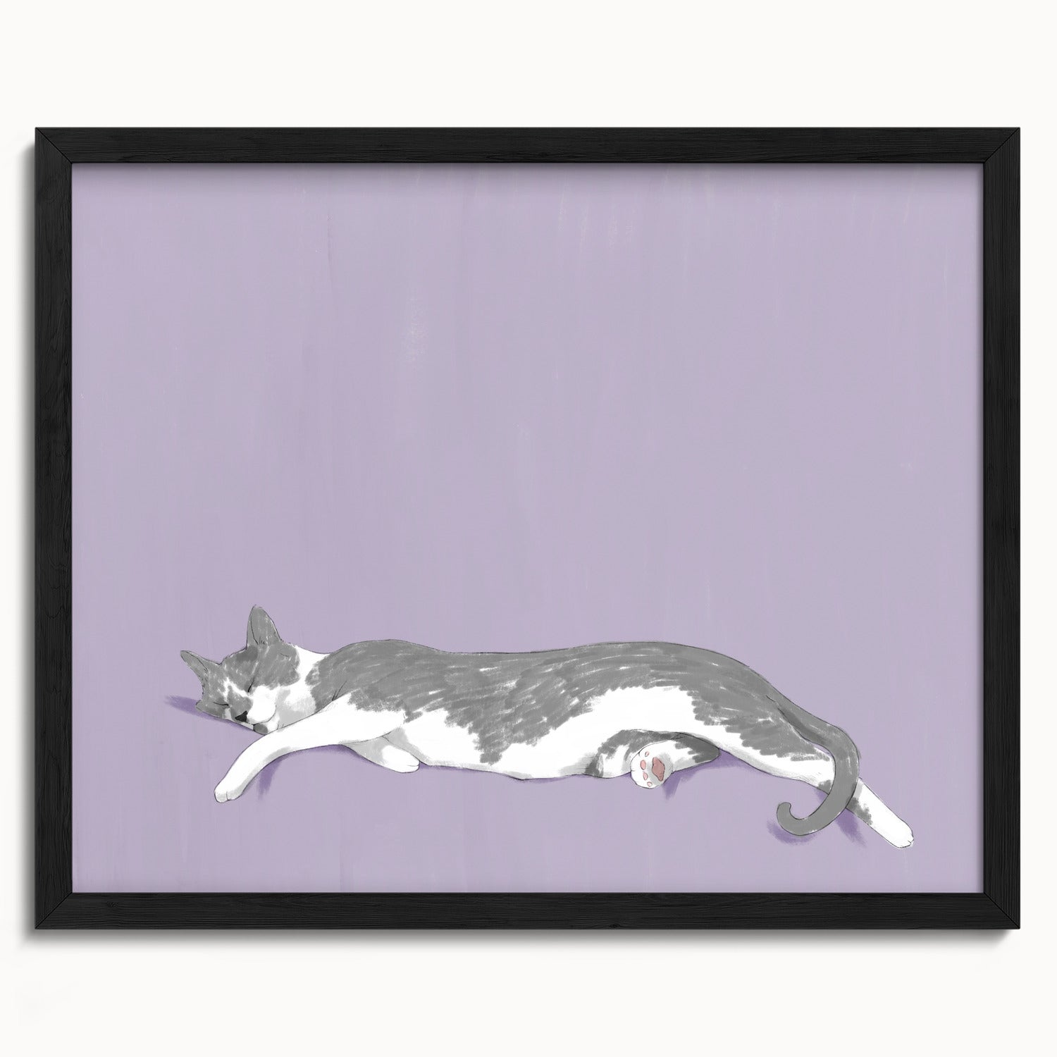 "Woodhouse Stretching" by Catherine Hébert - Grey Tuxedo Cat Fine Art Print - 16"x20" size