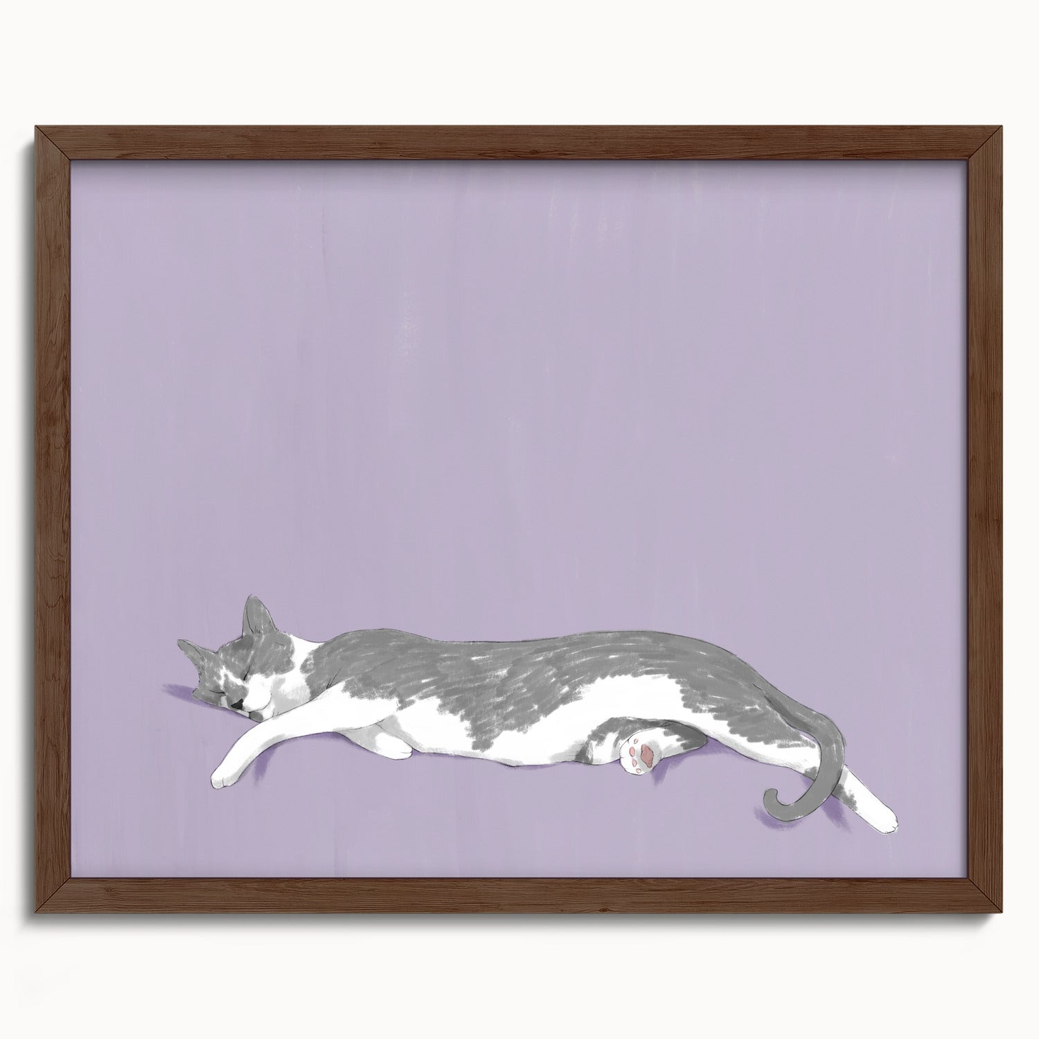 "Woodhouse Stretching" by Catherine Hébert - Grey Tuxedo Cat Fine Art Print - 16"x20" size