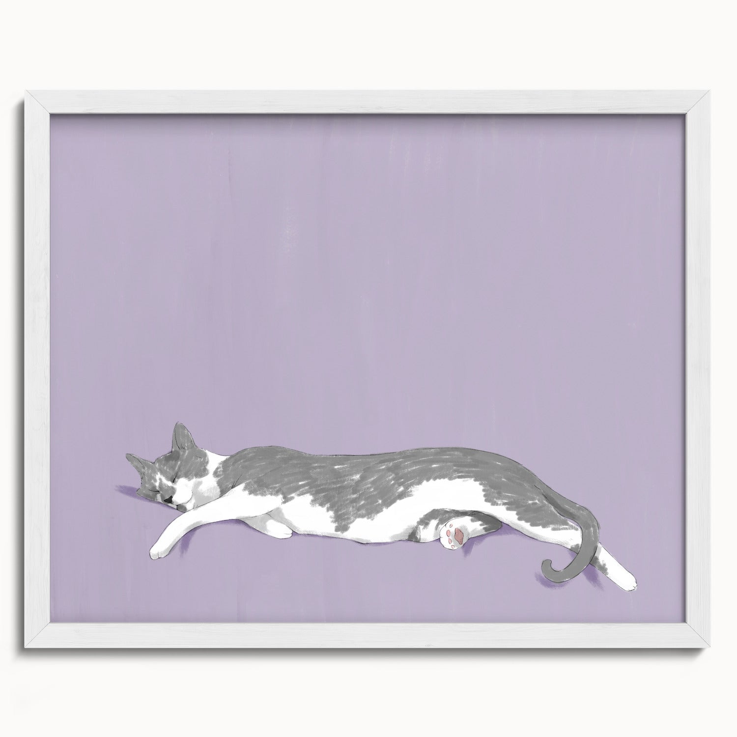 "Woodhouse Stretching" by Catherine Hébert - Grey Tuxedo Cat Fine Art Print - 16"x20" size