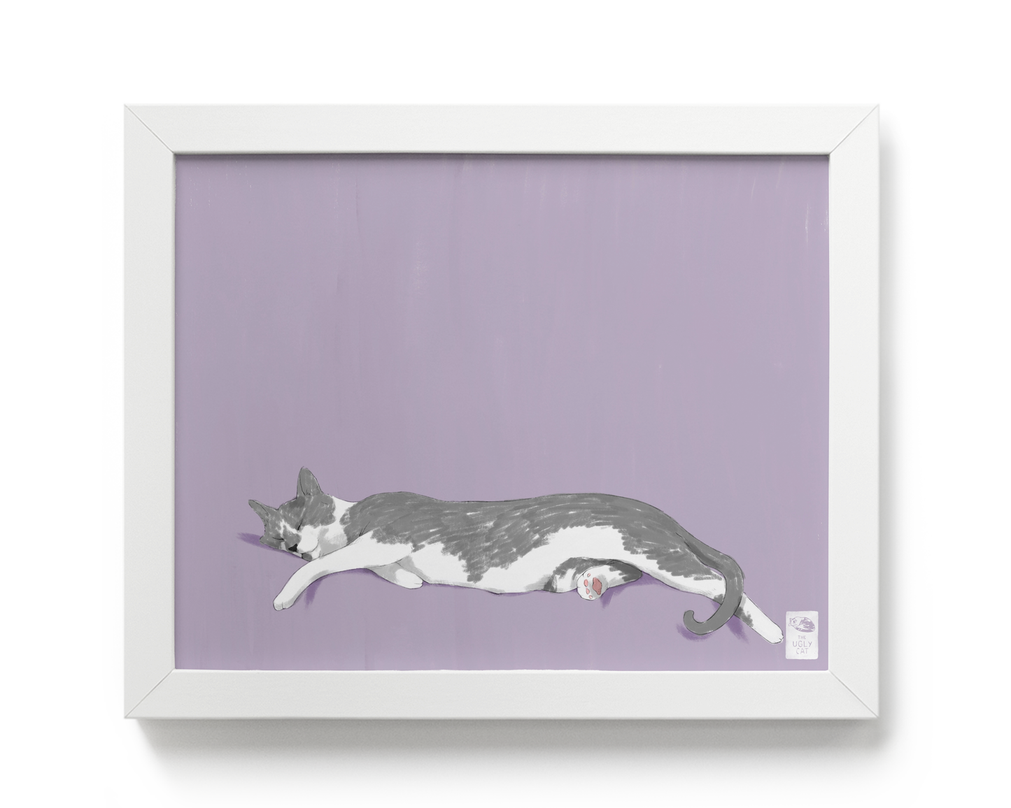 "Woodhouse Stretching" by Catherine Hébert - Grey Tuxedo Cat Giclee Art Print - 8"x10" size