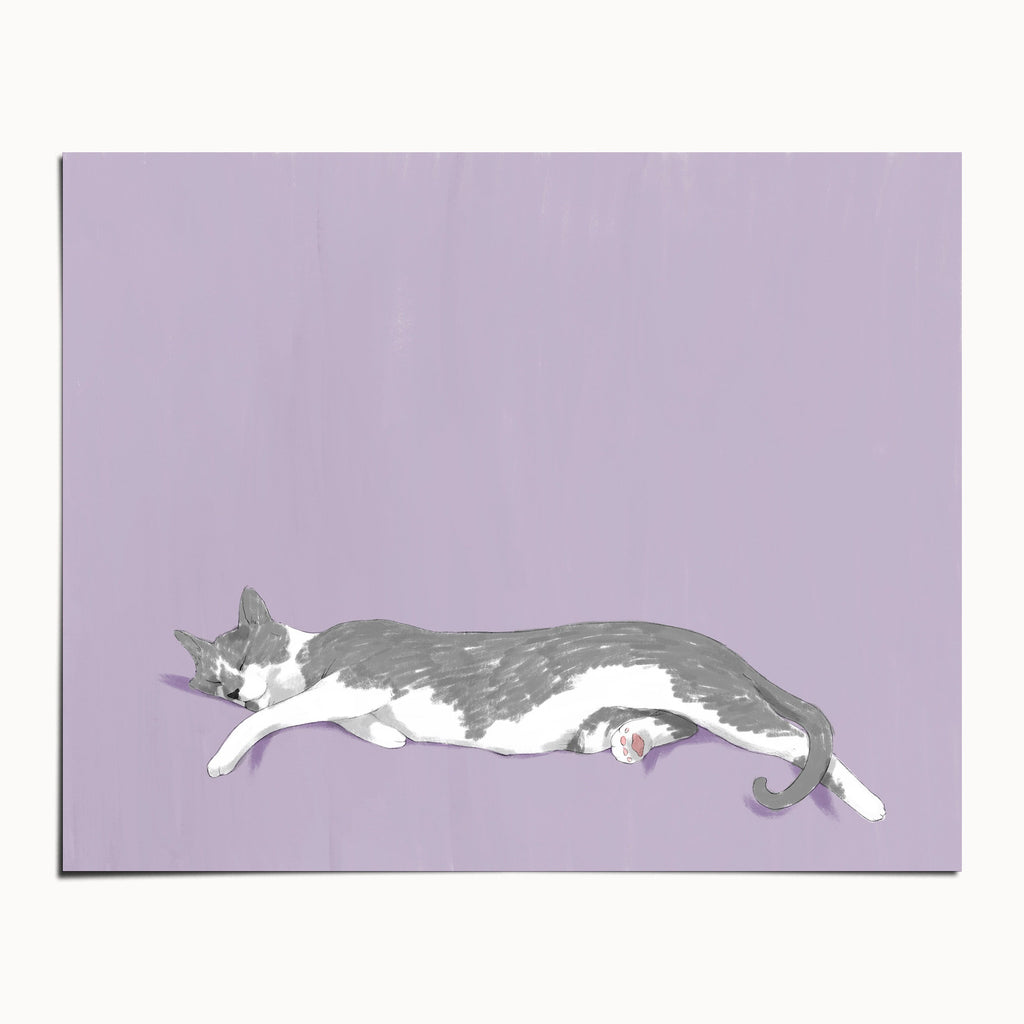 "Woodhouse Stretching" by Catherine Hébert - Grey Tuxedo Cat Stretching Art Print - 8"x10" size