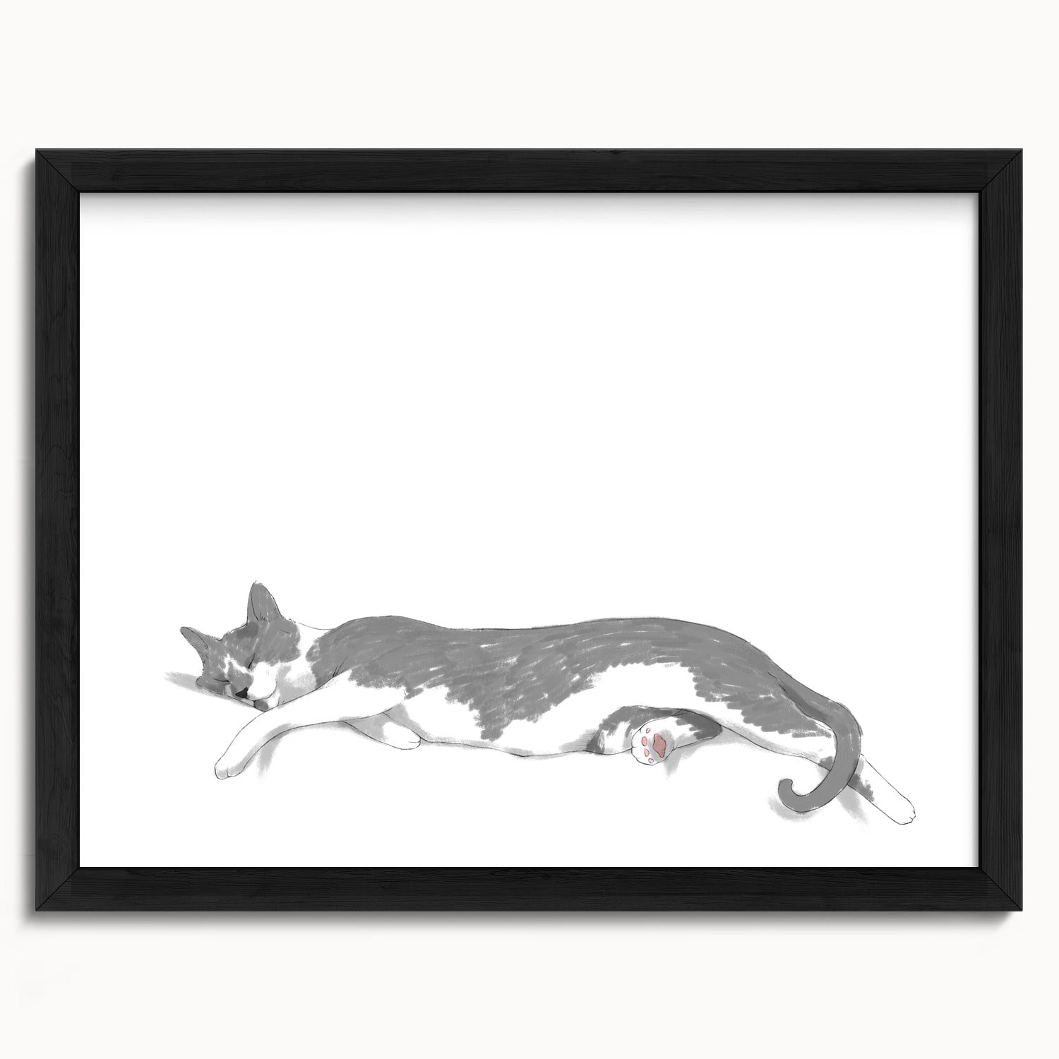 "Woodhouse Stretching - White Edition" by Catherine Hébert - Grey Tuxedo Cat Fine Art Print - 12"x16" size