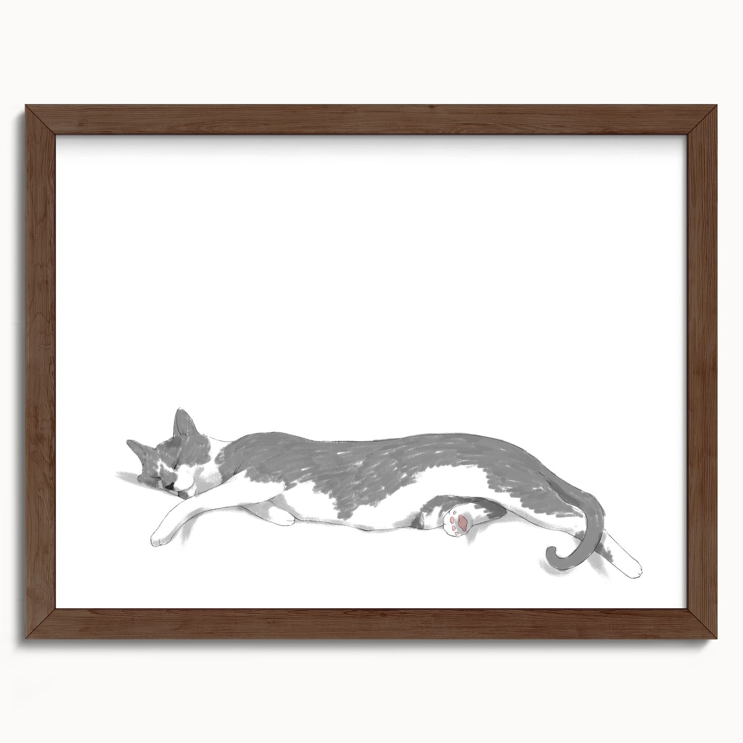 "Woodhouse Stretching - White Edition" by Catherine Hébert - Grey Tuxedo Cat Fine Art Print - 12"x16" size