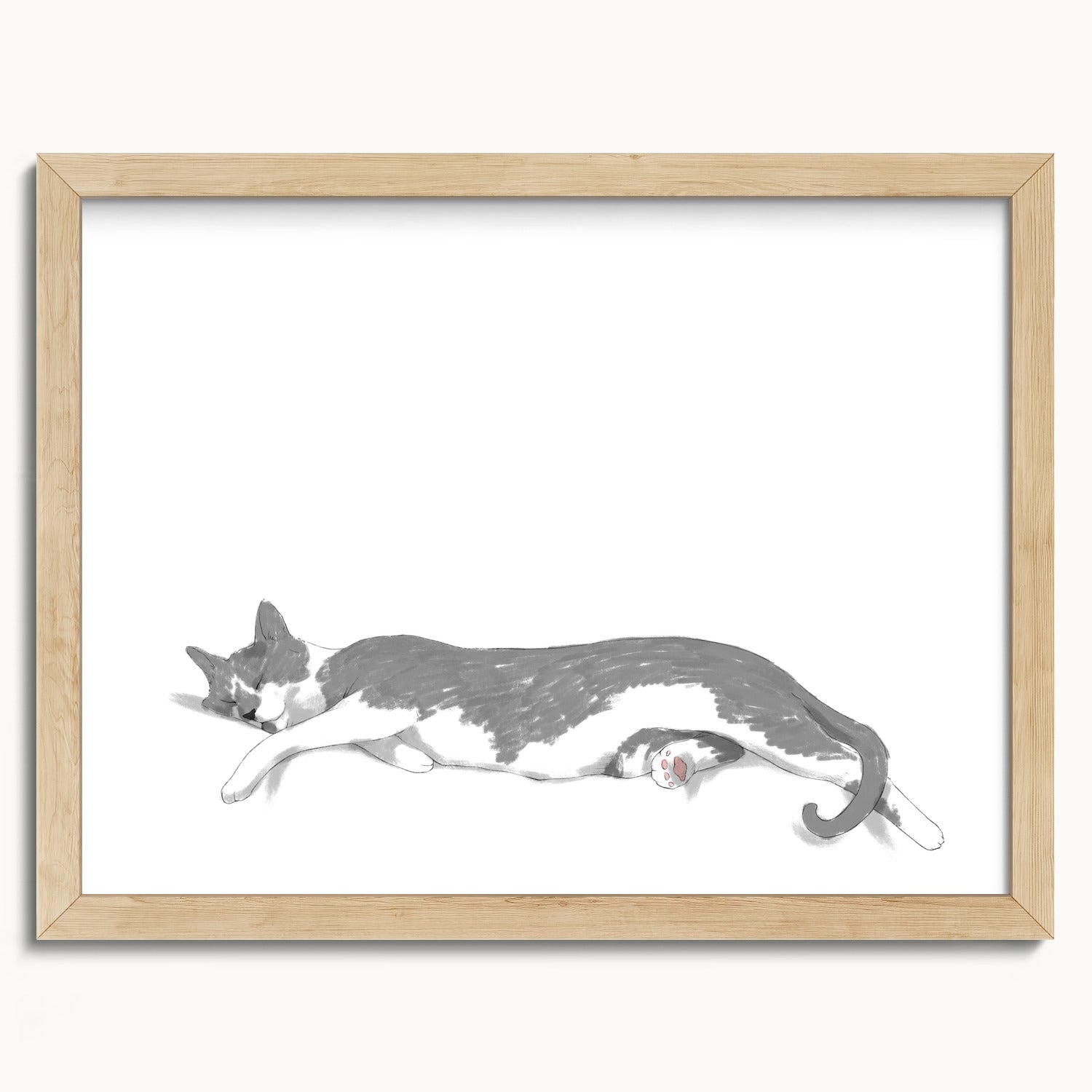 "Woodhouse Stretching - White Edition" by Catherine Hébert - Grey Tuxedo Cat Fine Art Print - 12"x16" size