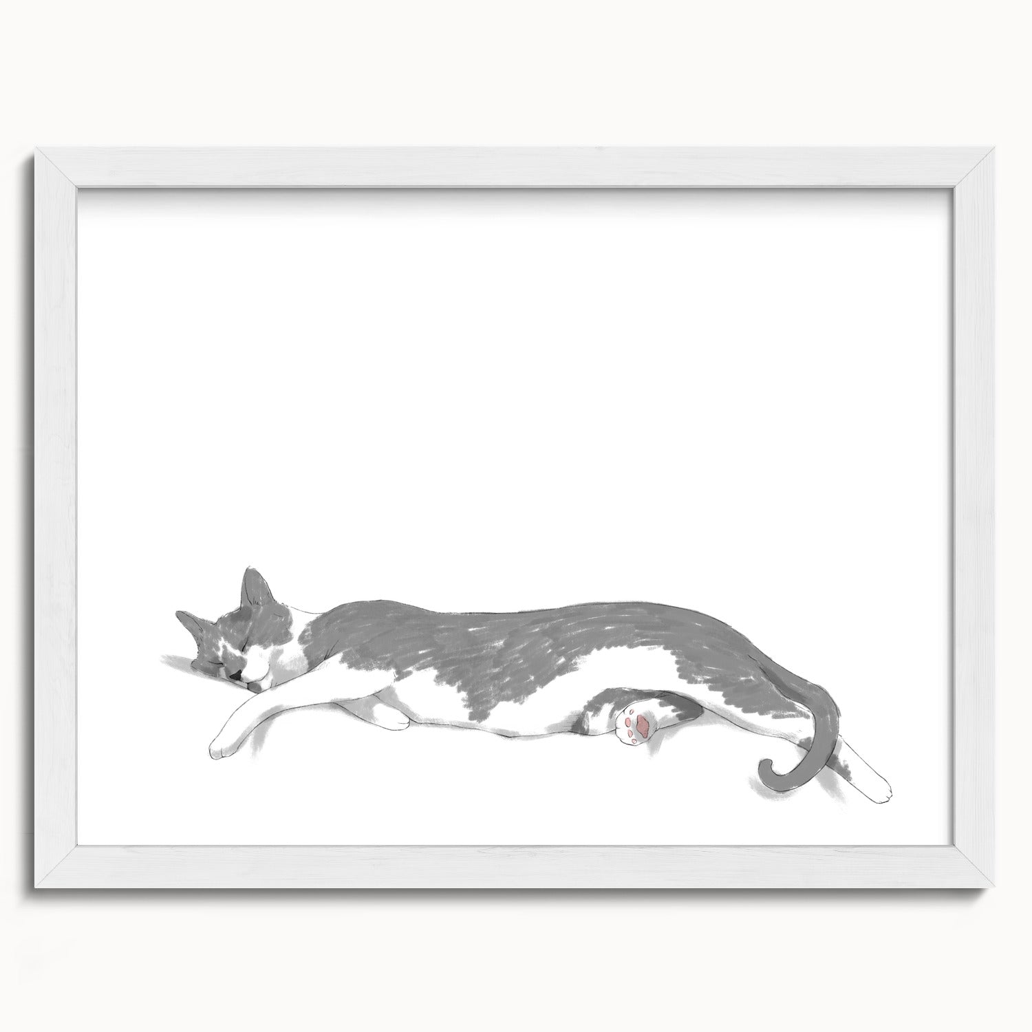 "Woodhouse Stretching - White Edition" by Catherine Hébert - Grey Tuxedo Cat Fine Art Print - 12"x16" size