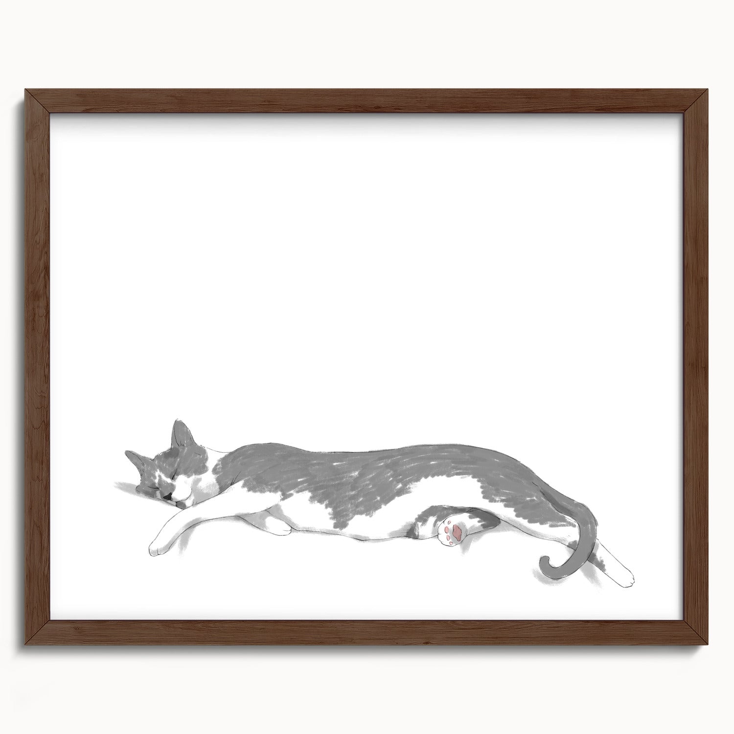 "Woodhouse Stretching - White Edition" by Catherine Hébert - Grey Tuxedo Cat Fine Art Print - 16"x20" size