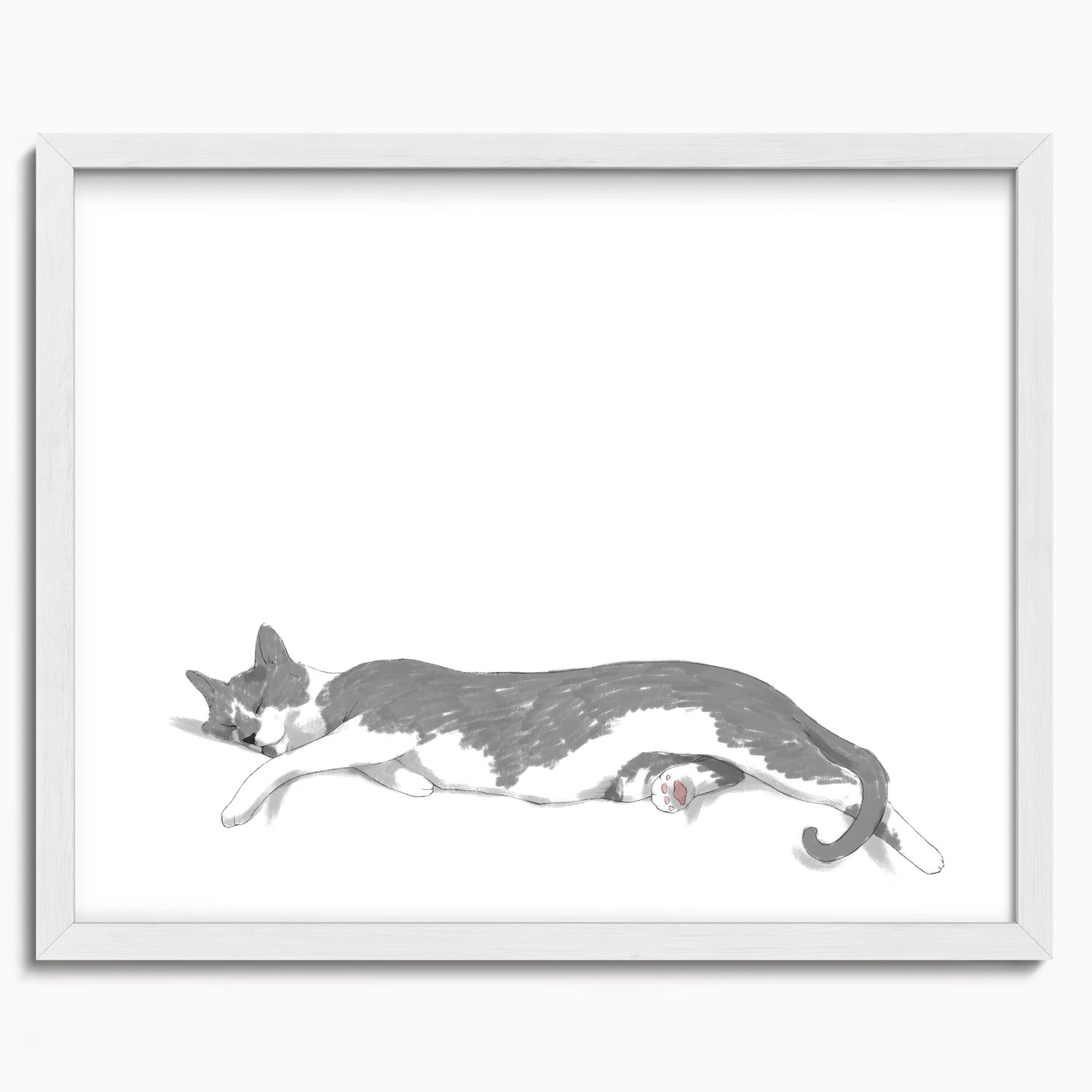 "Woodhouse Stretching - White Edition" by Catherine Hébert - Grey Tuxedo Cat Fine Art Print - 16"x20" size