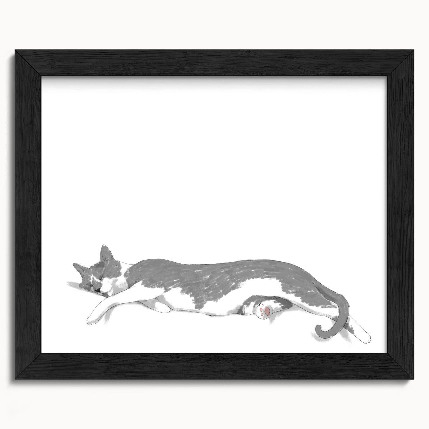"Woodhouse Stretching - White Edition" by Catherine Hébert - Grey Tuxedo Cat Fine Art Print - 8"x10" size