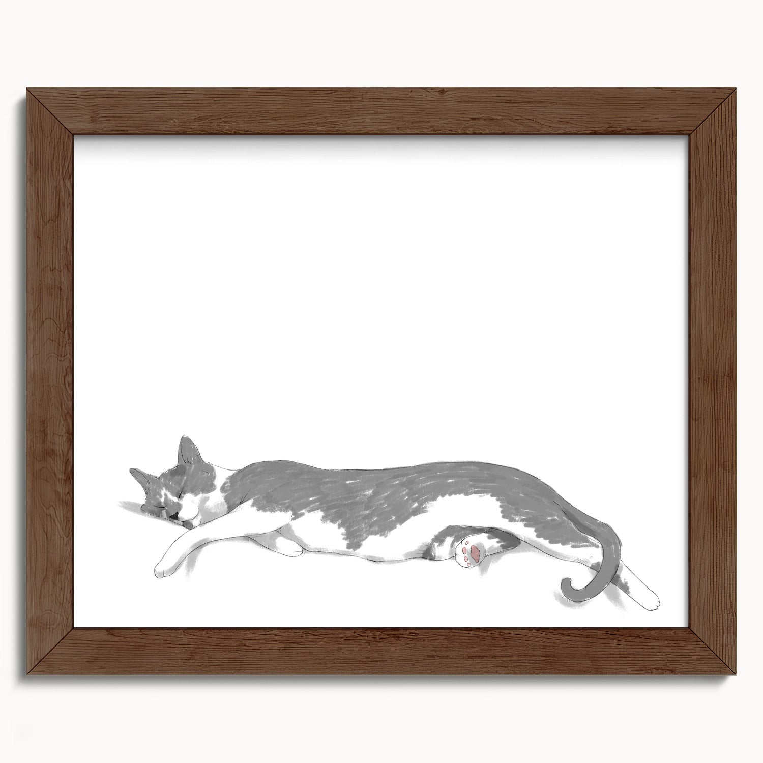 "Woodhouse Stretching - White Edition" by Catherine Hébert - Grey Tuxedo Cat Fine Art Print - 8"x10" size