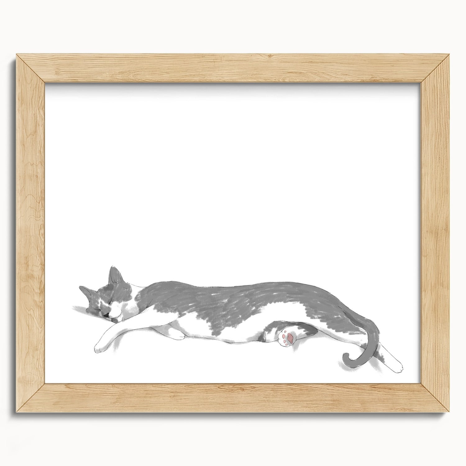 "Woodhouse Stretching - White Edition" by Catherine Hébert - Grey Tuxedo Cat Fine Art Print - 8"x10" size