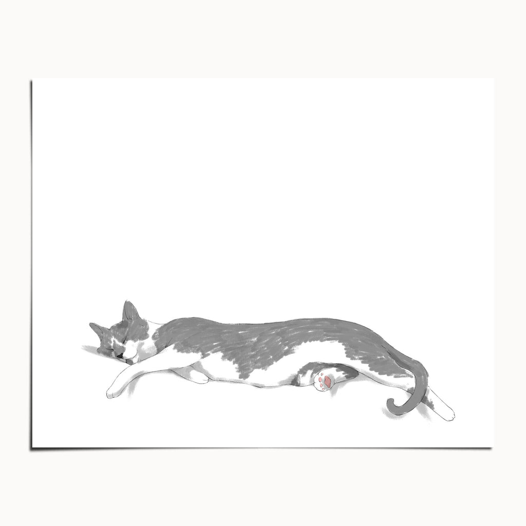 "Woodhouse Stretching - White Edition" by Catherine Hébert - Grey Tuxedo Cat Stretching Art Print - 8"x10" size