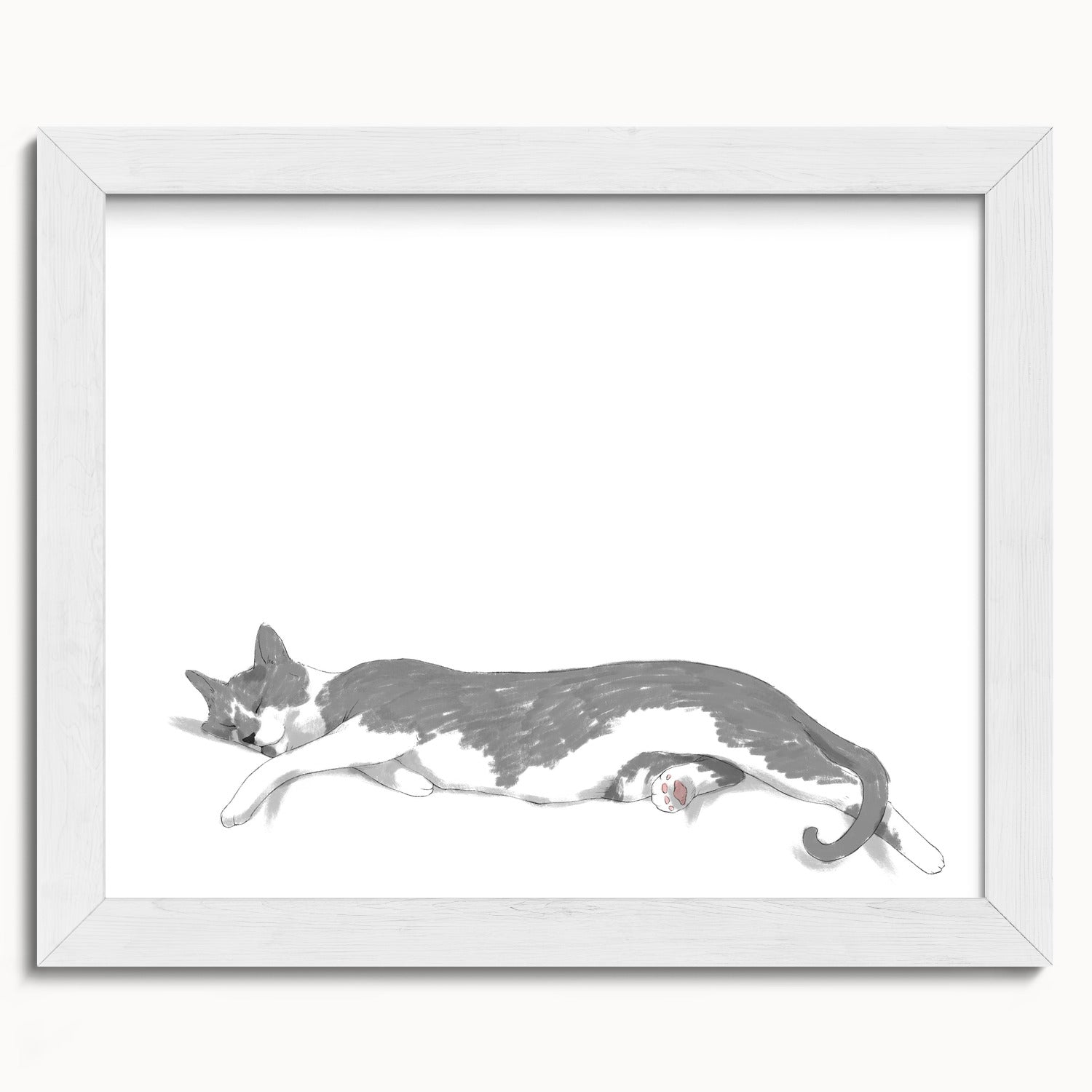"Woodhouse Stretching - White Edition" by Catherine Hébert - Grey Tuxedo Cat Fine Art Print - 8"x10" size