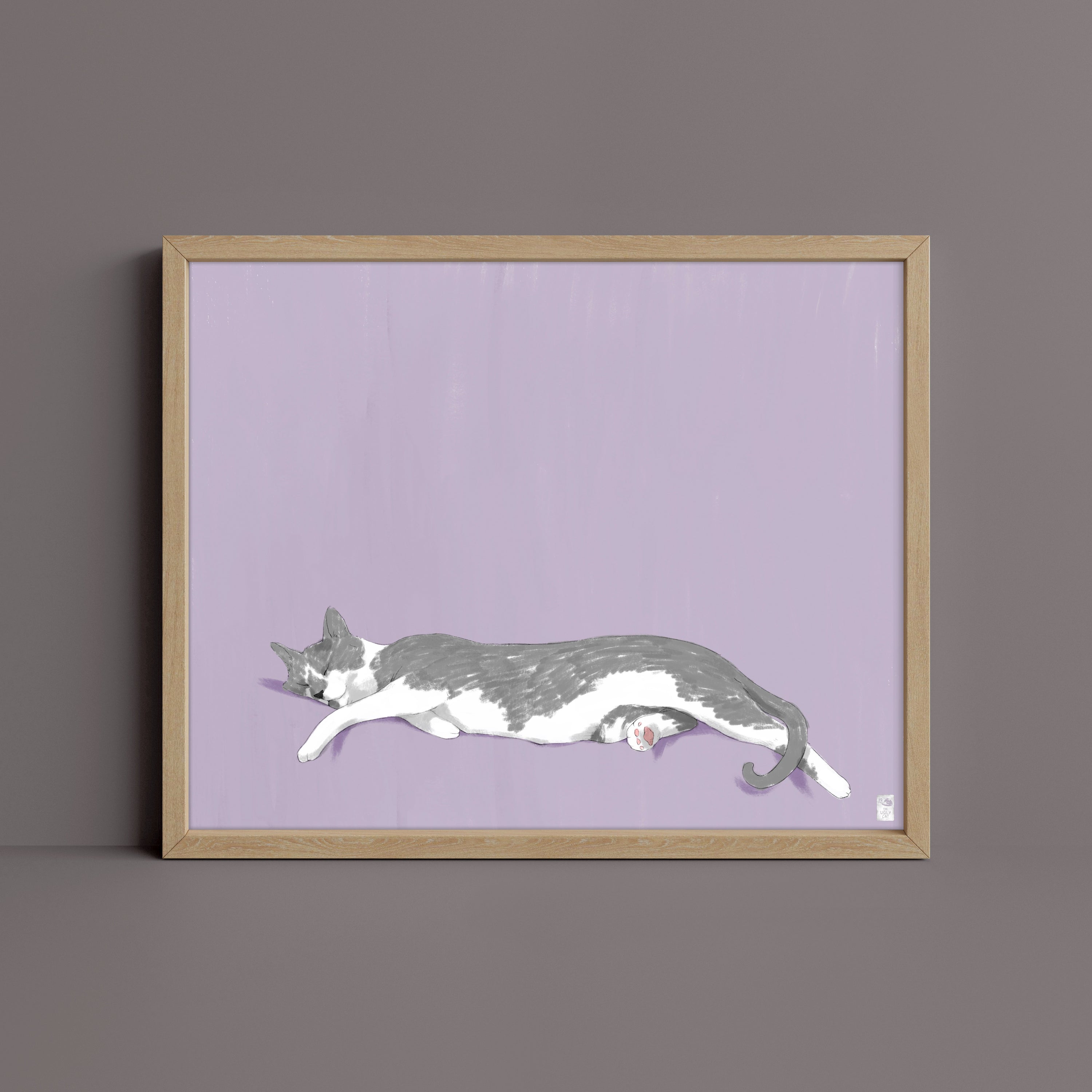 "Woodhouse Stretching" by Catherine Hébert - Grey Tuxedo Cat Giclee Art Print