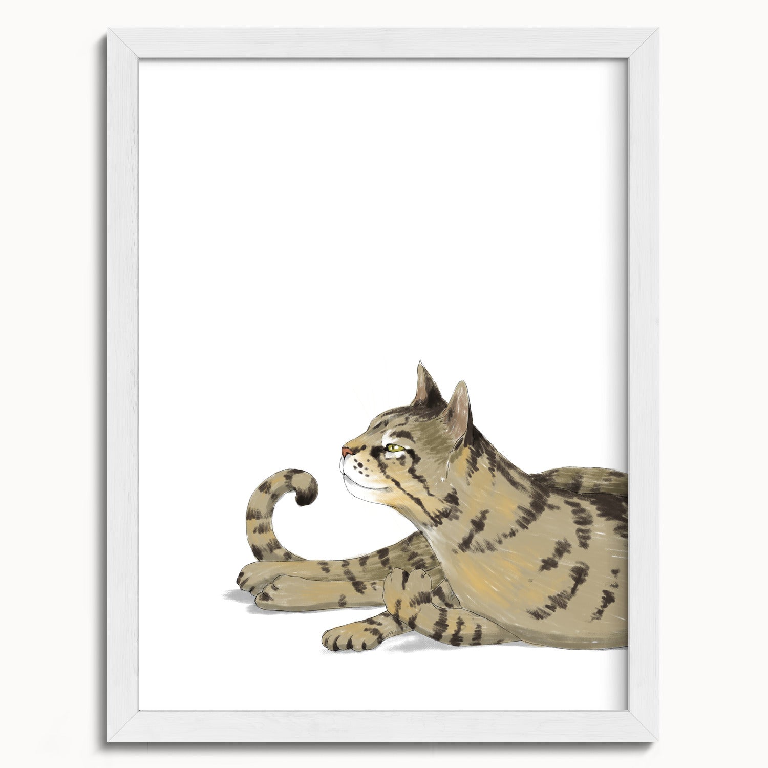 "Isengrin Looking Up - White Edition" by Catherine Hébert - Striped Brown Tabby Cat Fine Art Print - 12"x16" size