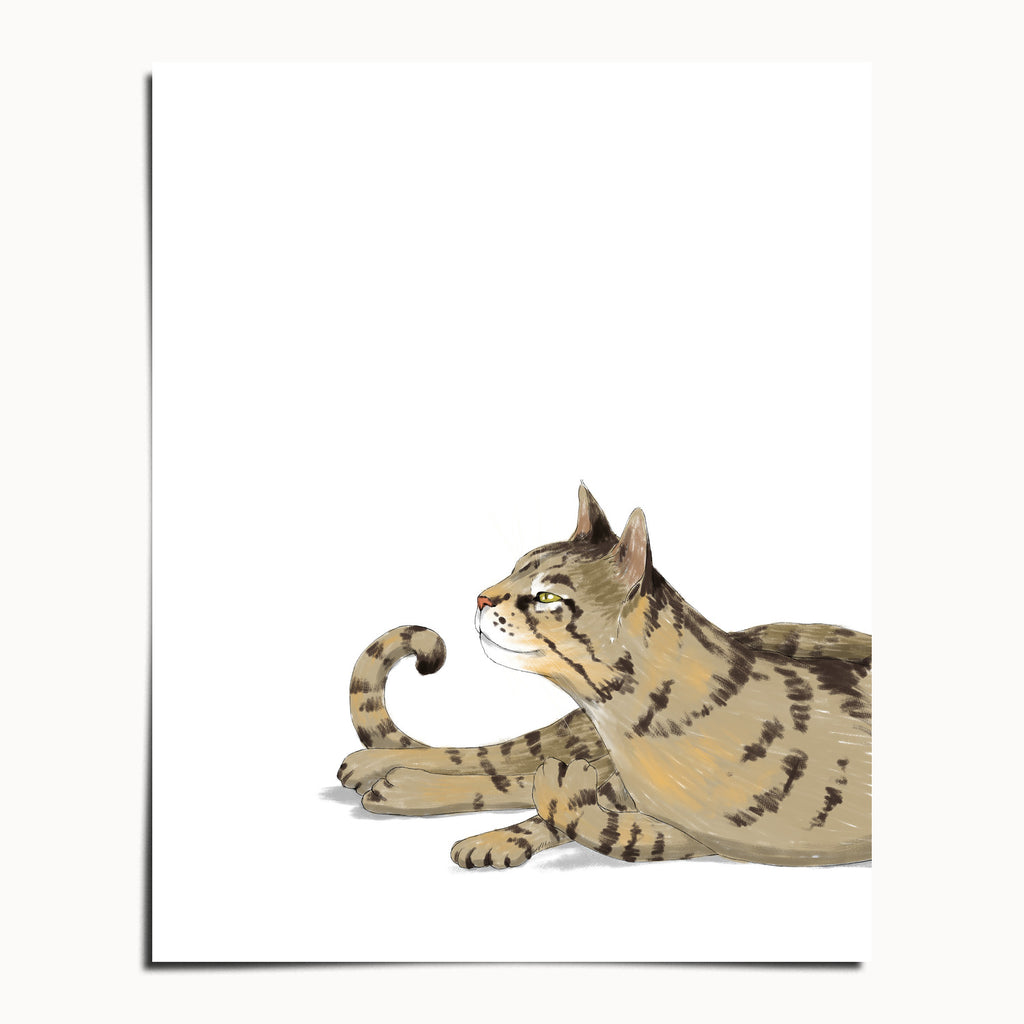 "Isengrin Looking Up - White Edition" by Catherine Hébert - Striped Tabby Cat Art Print - White Edition - 8"x10" size