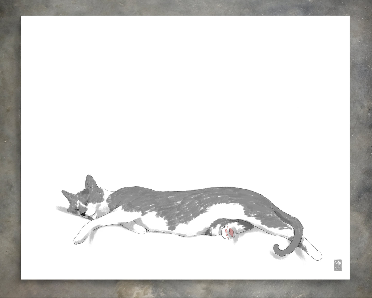 "Woodhouse Stretching - White Edition" by Catherine Hébert - Grey Tuxedo Cat Giclee Art Print