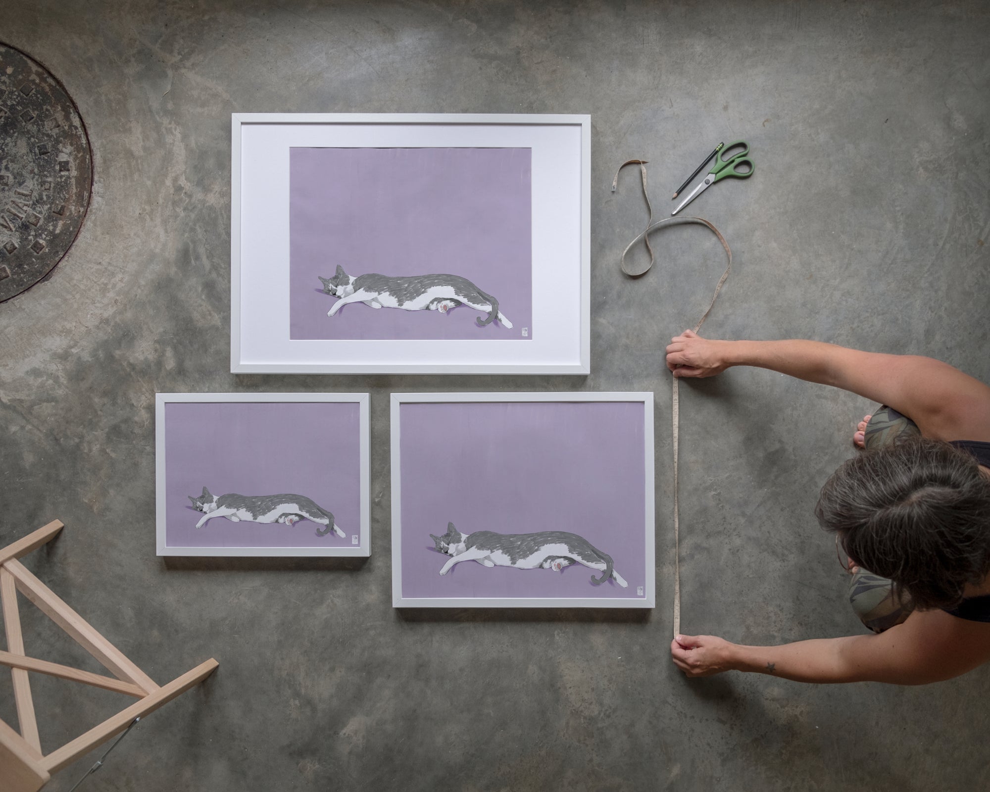 "Woodhouse Stretching" by Catherine Hébert - Grey Tuxedo Cat Fine Art Print