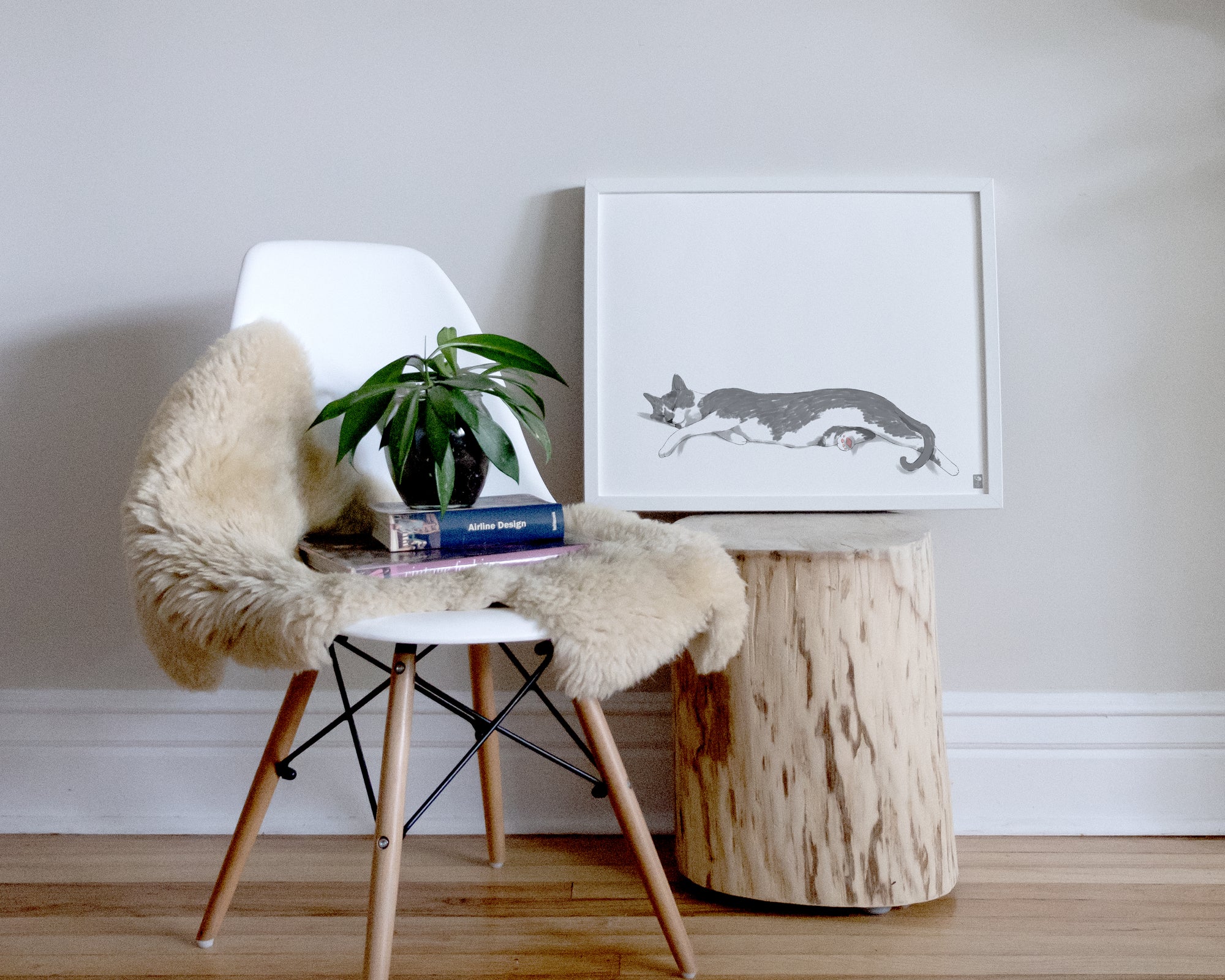 "Woodhouse Stretching - White Edition" by Catherine Hébert - Grey Tuxedo Cat Fine Art Print