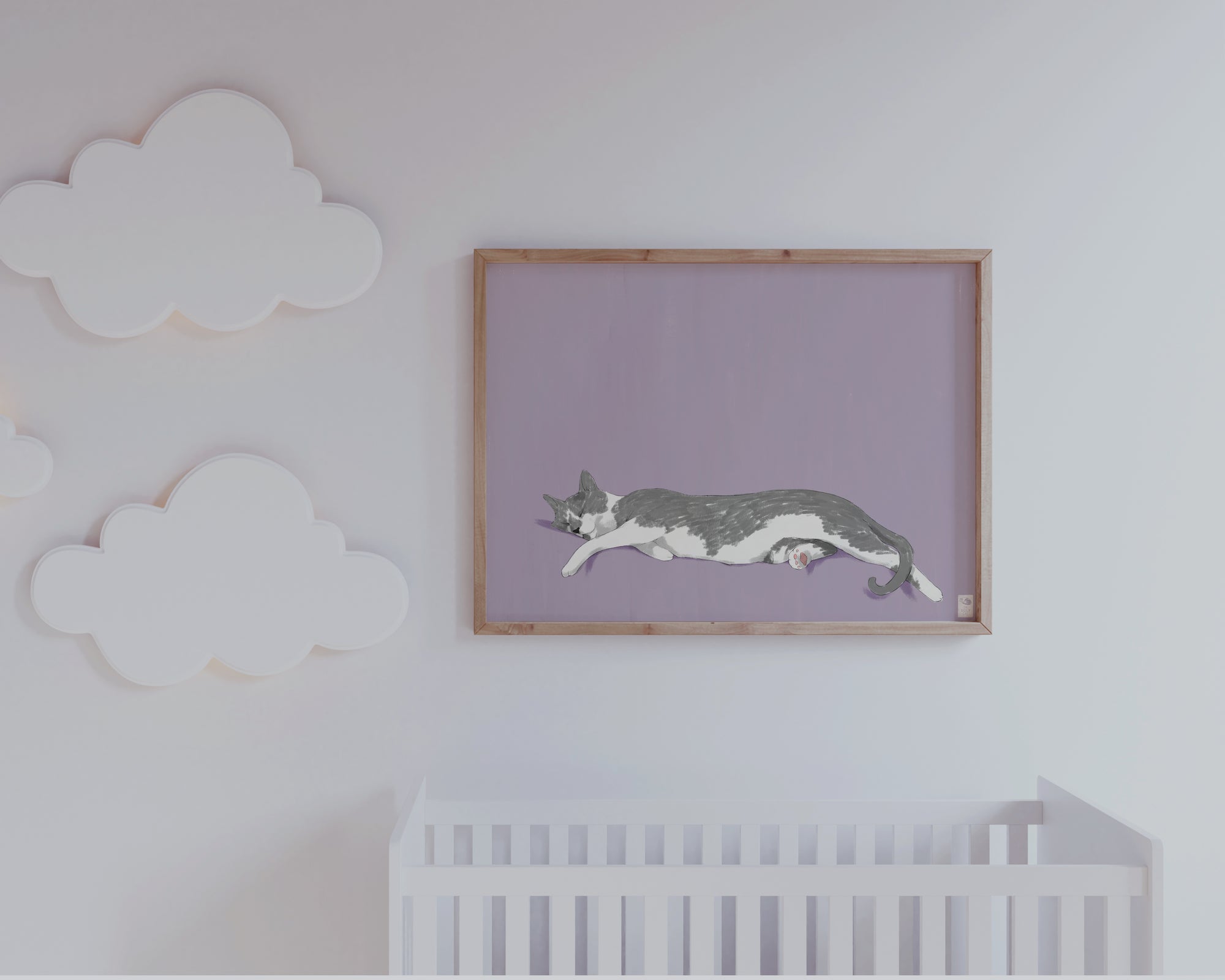 "Woodhouse Stretching" by Catherine Hébert - Grey Tuxedo Cat Fine Art Print