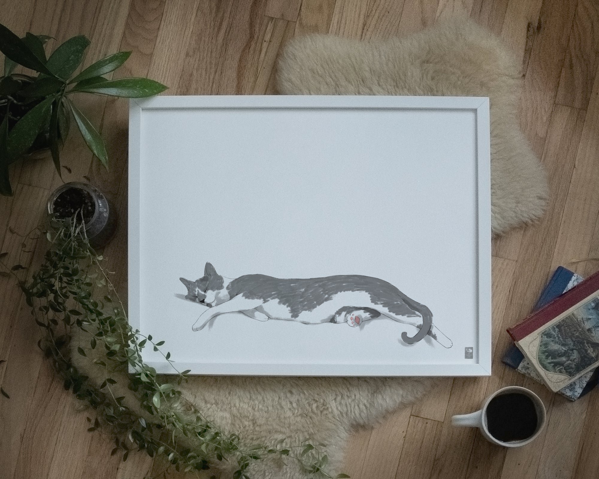 "Woodhouse Stretching - White Edition" by Catherine Hébert - Grey Tuxedo Cat Fine Art Print