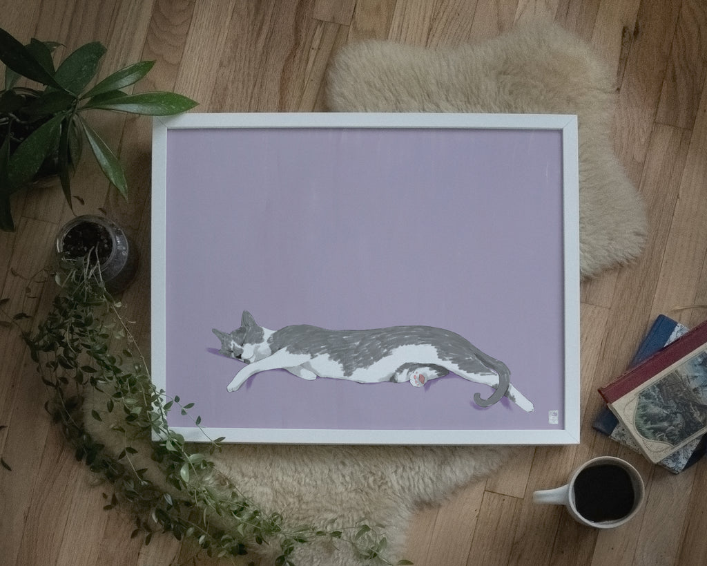 "Woodhouse Stretching" by Catherine Hébert - Grey Tuxedo Cat Fine Art Print